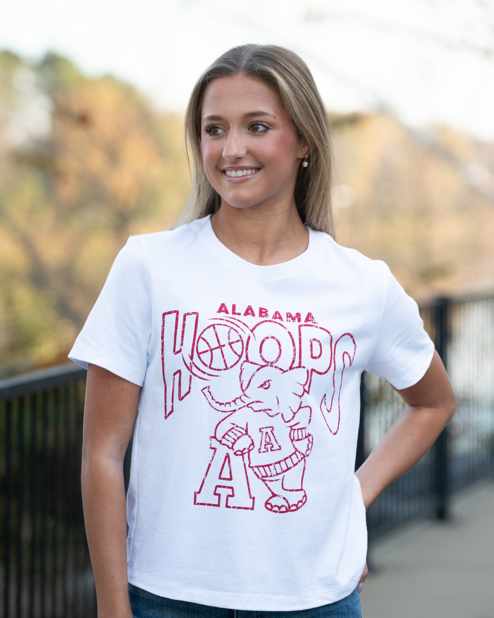 University of Alabama White Ladies Tee with The word “Hoops” above the Old School Al Logo