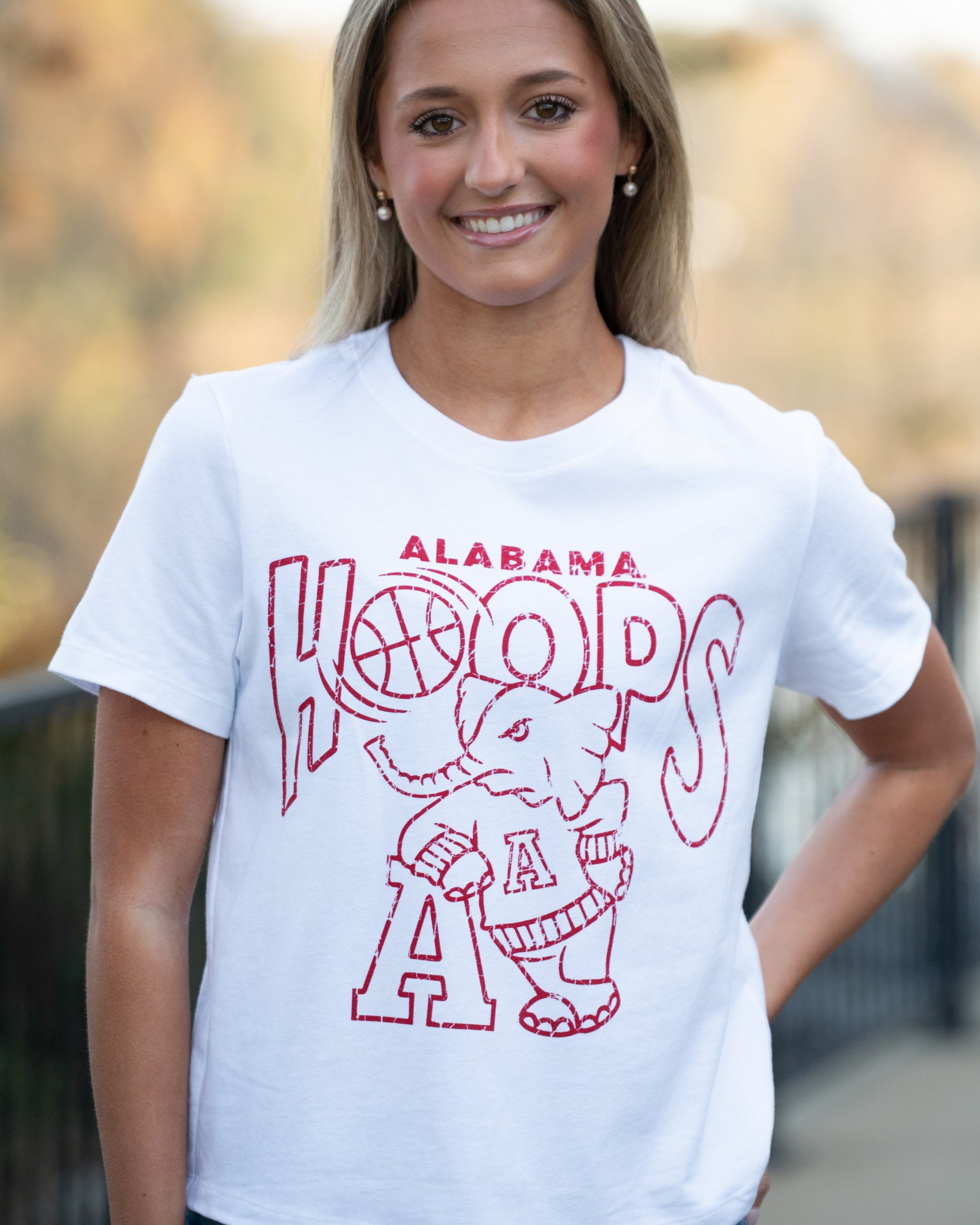 University of Alabama White Ladies Tee with The word “Hoops” above the Old School Al Logo
