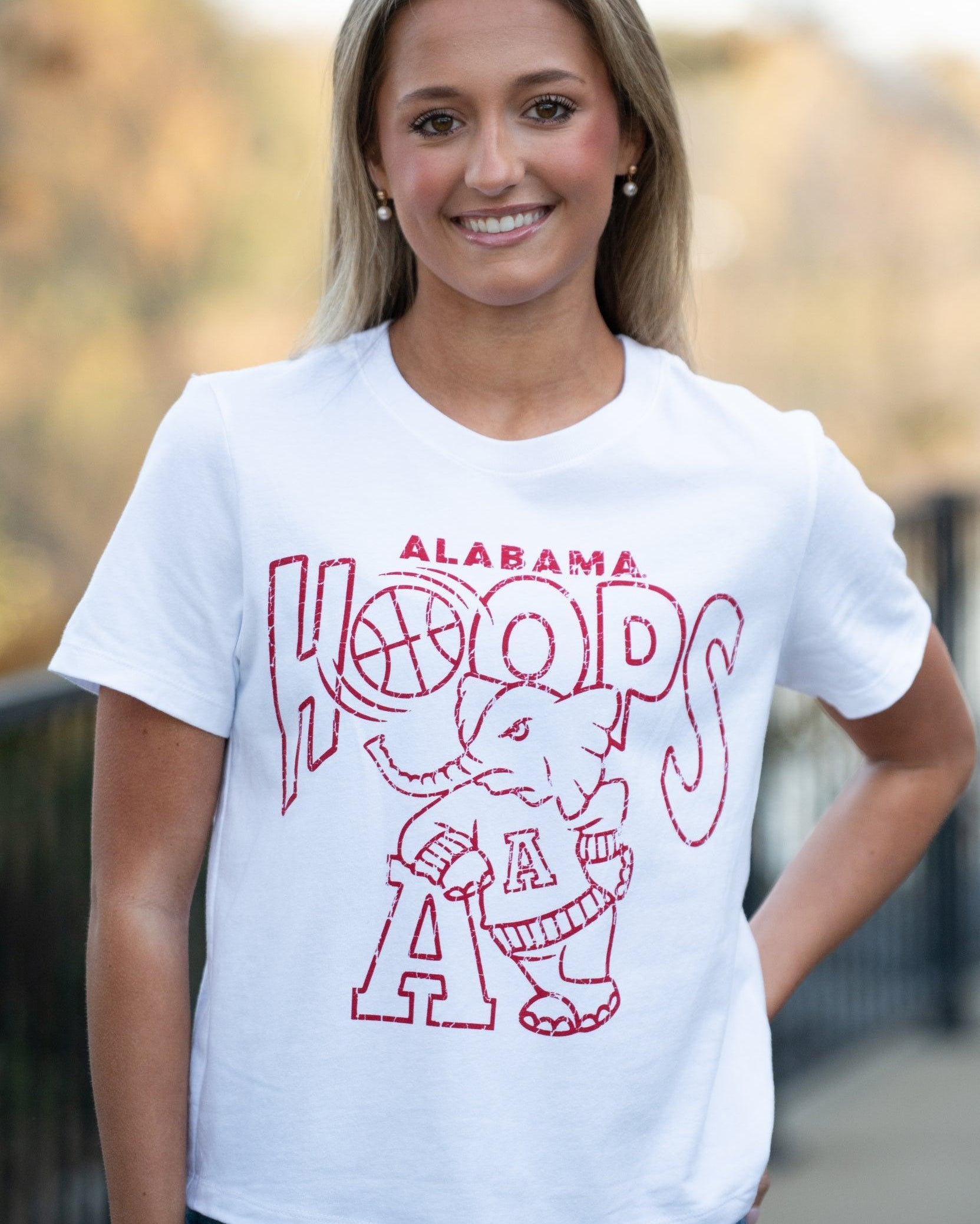 University of Alabama White Ladies Tee with The word “Hoops” above the Old School Al Logo