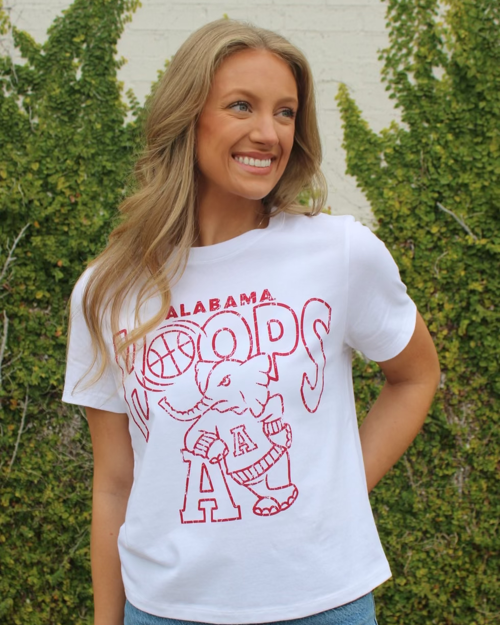 University of Alabama White Ladies Tee with The word “Hoops” above the Old School Al Logo