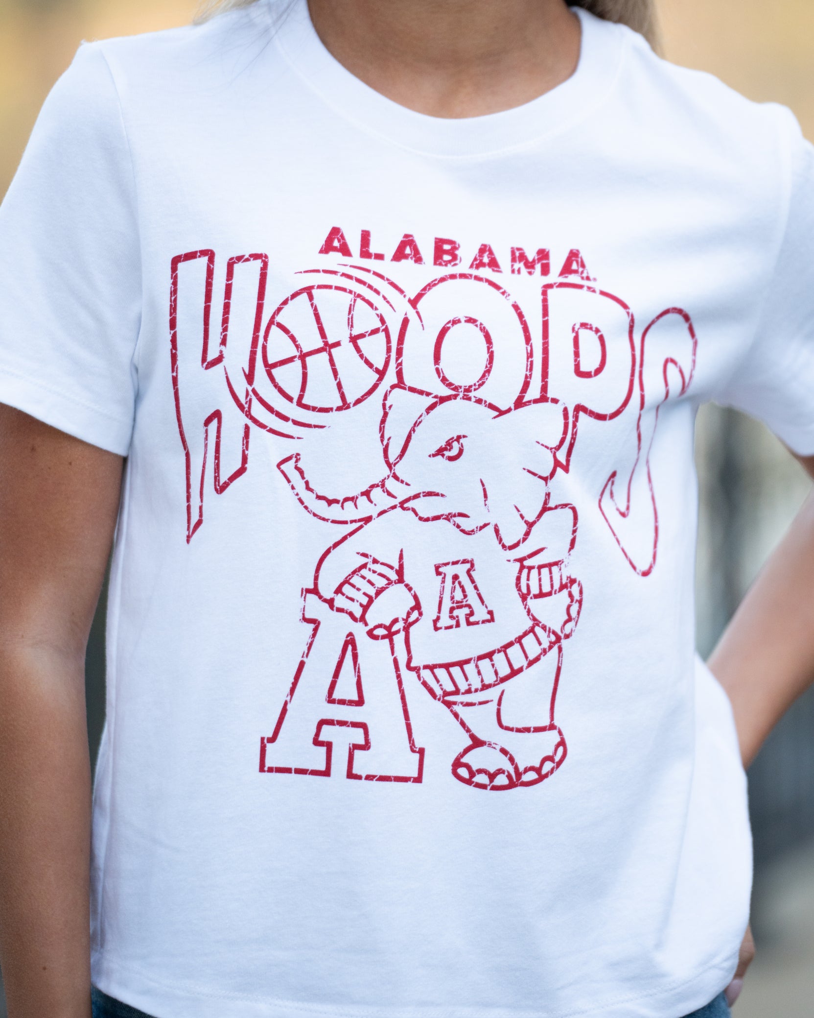 University of Alabama White Ladies Tee with The word “Hoops” above the Old School Al Logo