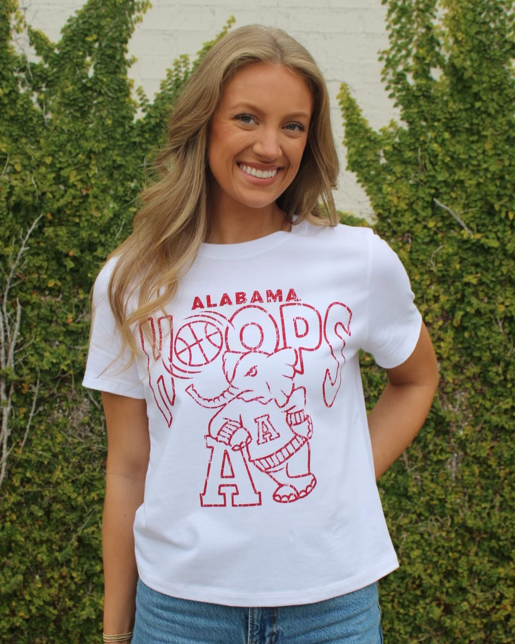 University of Alabama White Ladies Tee with The word “Hoops” above the Old School Al Logo