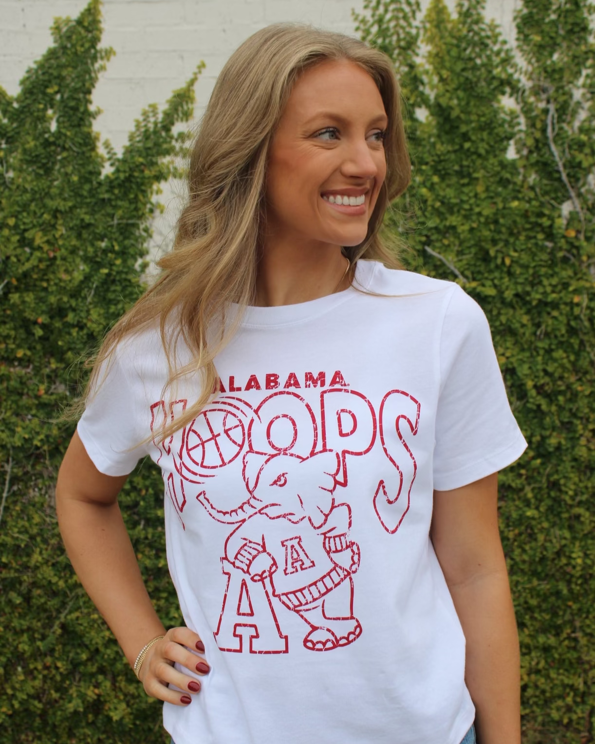 University of Alabama White Ladies Tee with The word “Hoops” above the Old School Al Logo