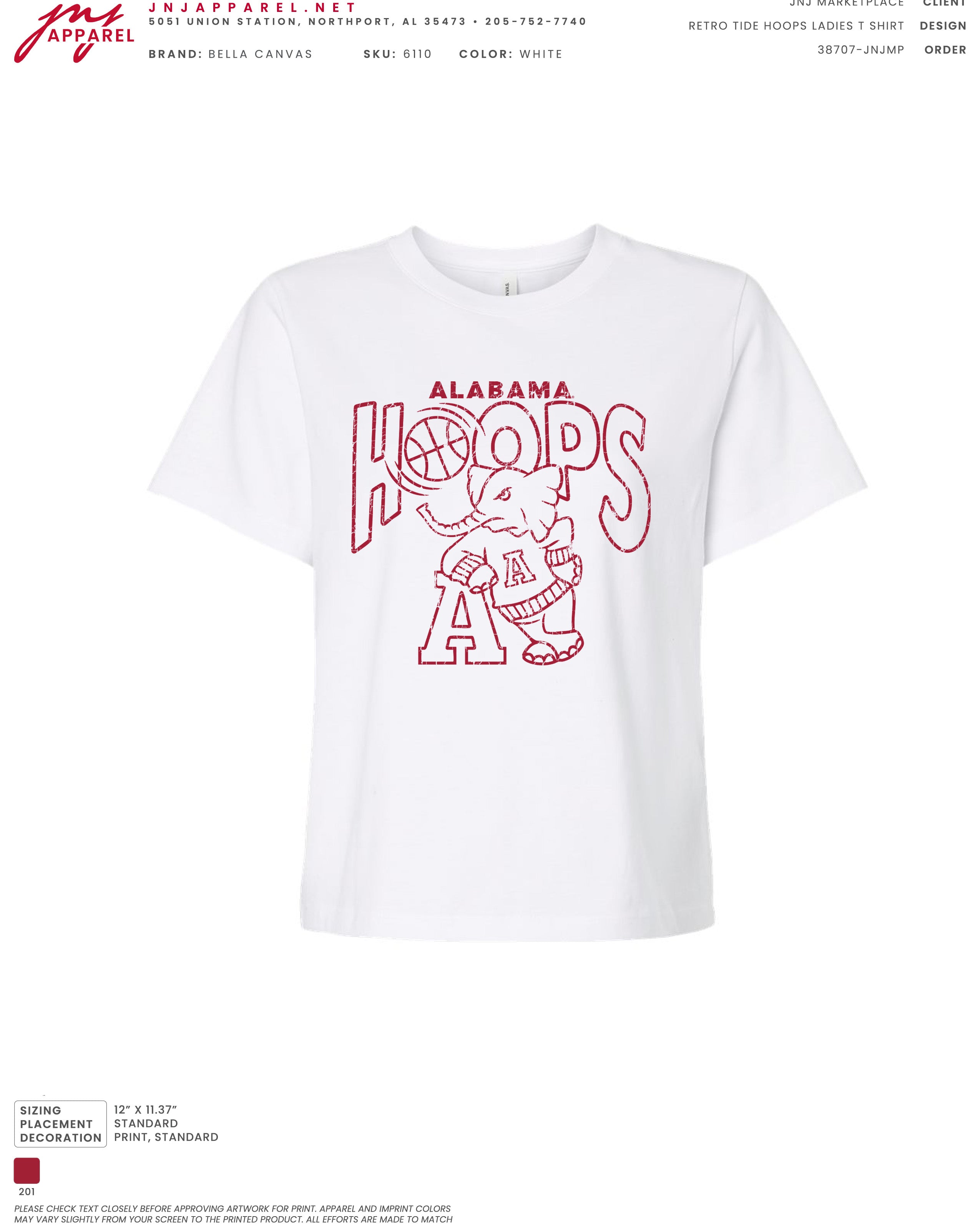 University of Alabama White Ladies Tee with The word “Hoops” above the Old School Al Logo