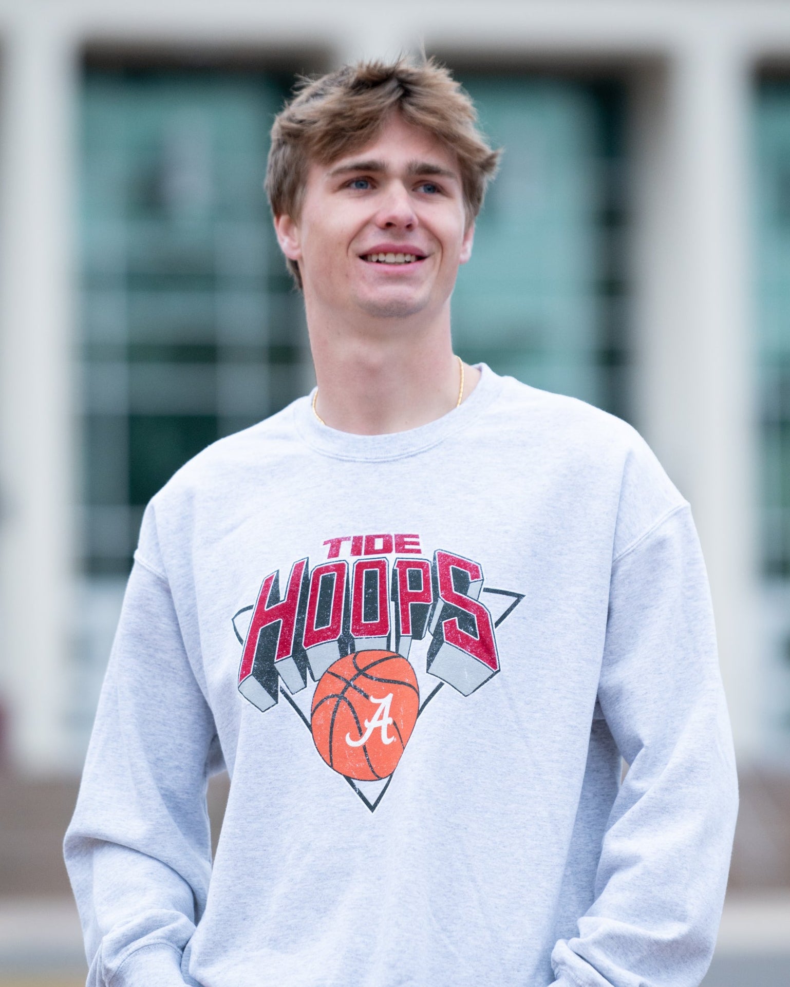 University of Alabama Light Grey Heather Sweatshirt with a Script A basketball underneath the words “Tide Hoops”