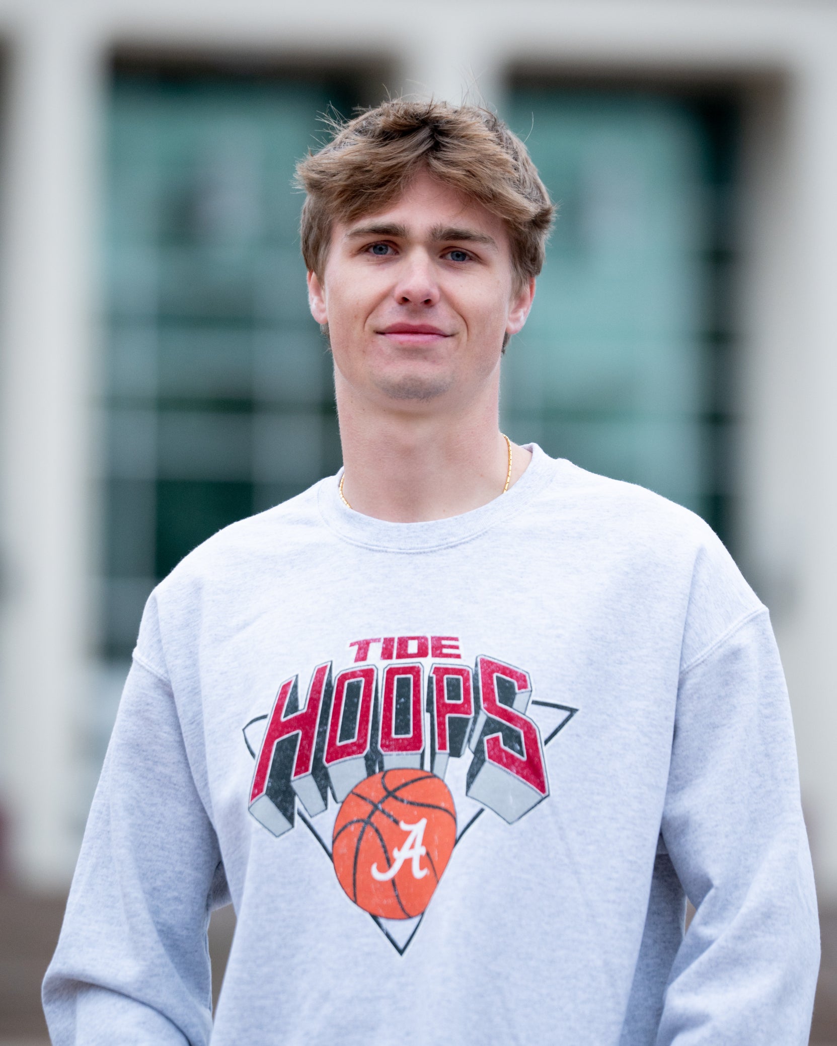 University of Alabama Light Grey Heather Sweatshirt with a Script A basketball underneath the words “Tide Hoops”