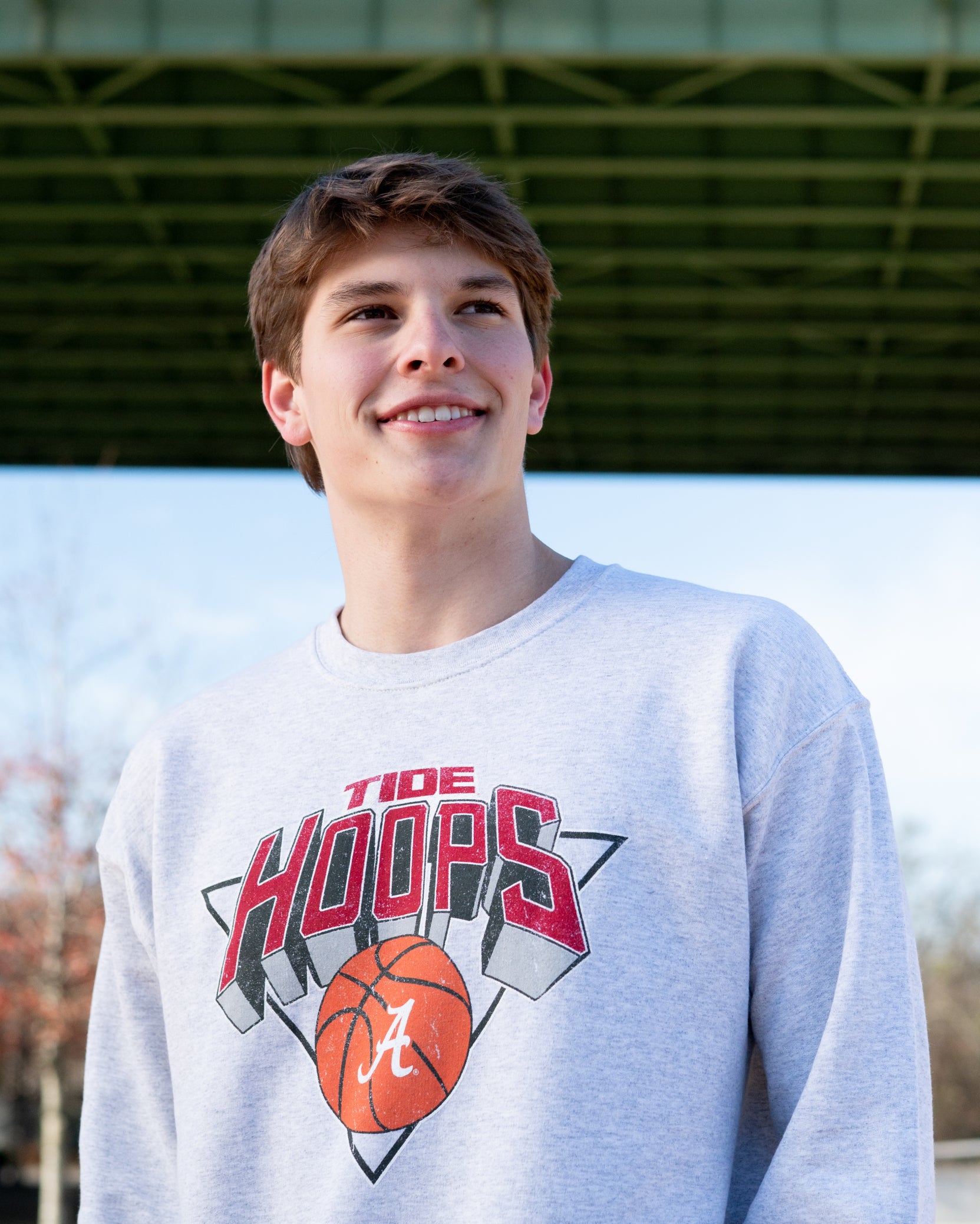 University of Alabama Light Grey Heather Sweatshirt with a Script A basketball underneath the words “Tide Hoops”