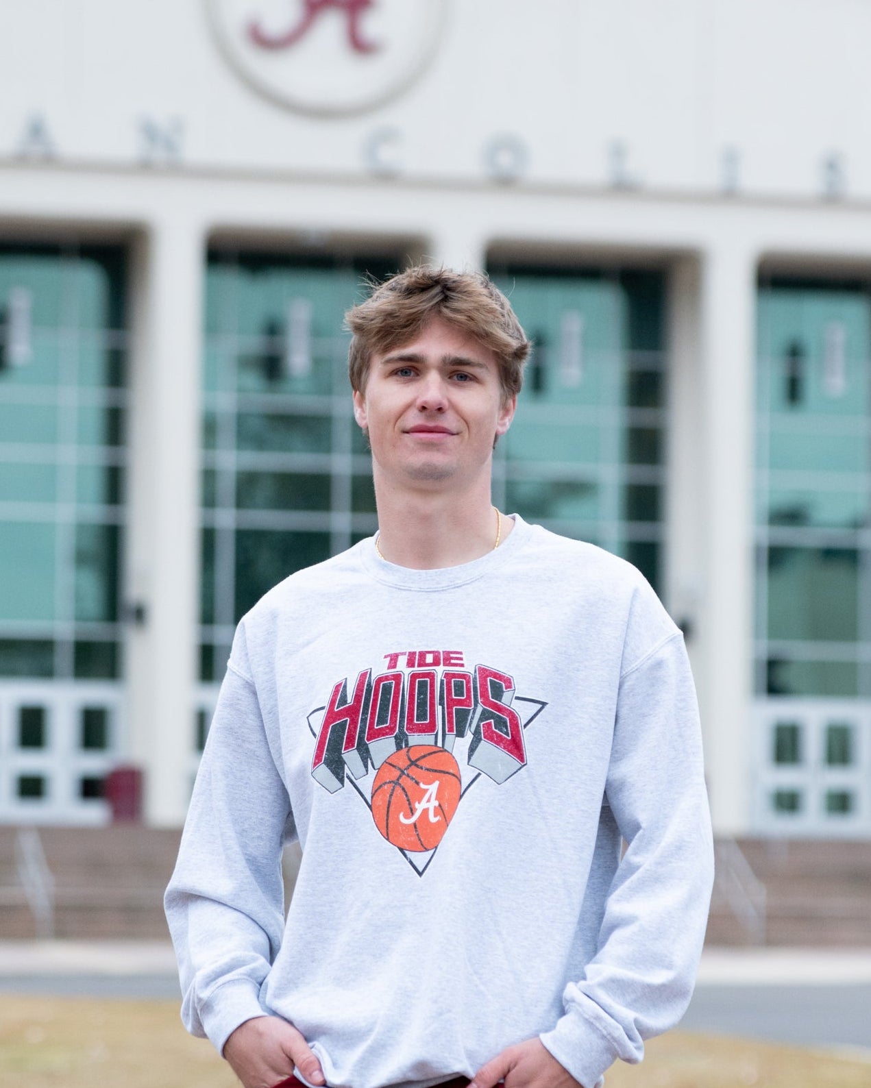 University of Alabama Light Grey Heather Sweatshirt with a Script A basketball underneath the words “Tide Hoops”