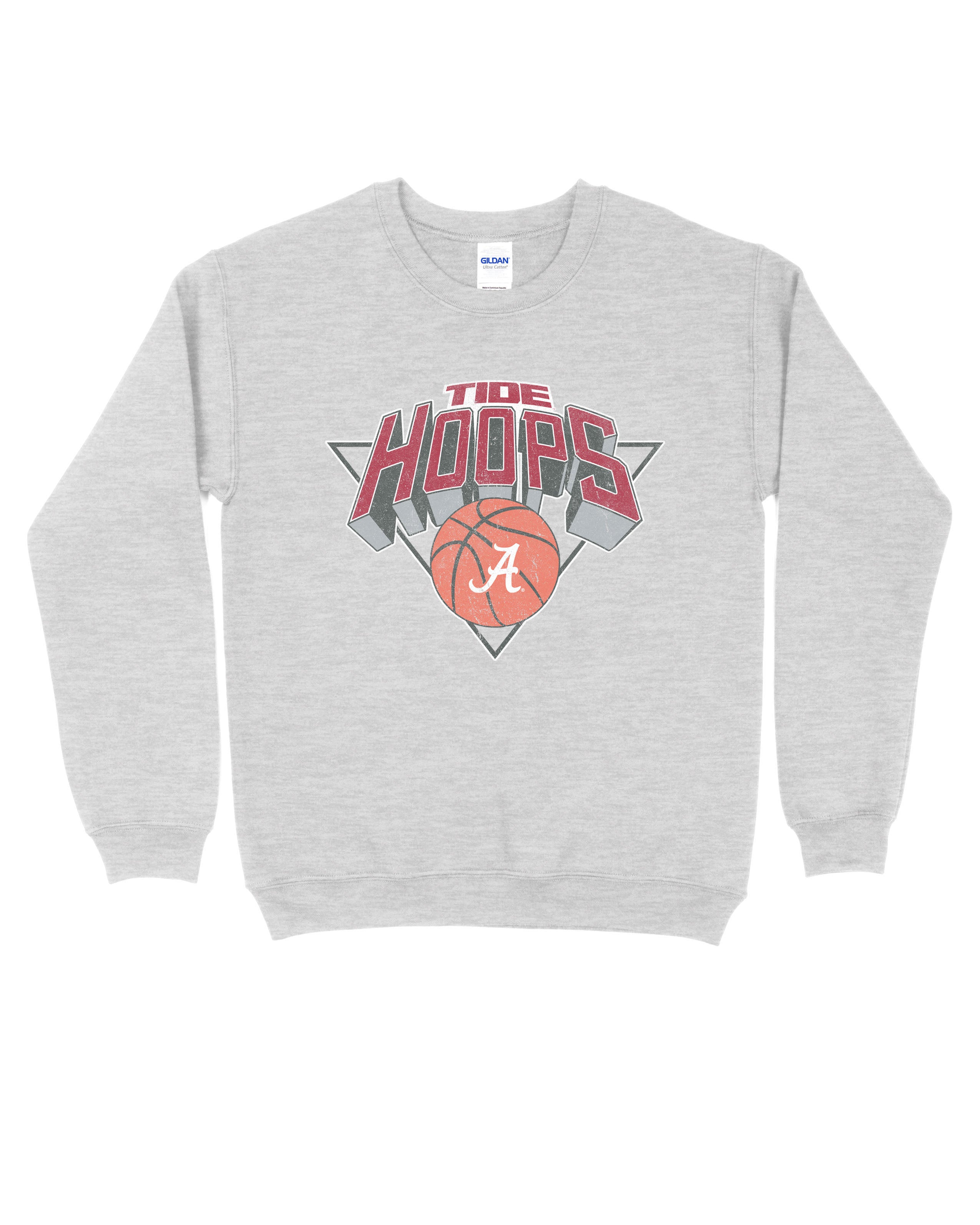 University of Alabama Light Grey Heather Sweatshirt with a Script A basketball underneath the words “Tide Hoops”