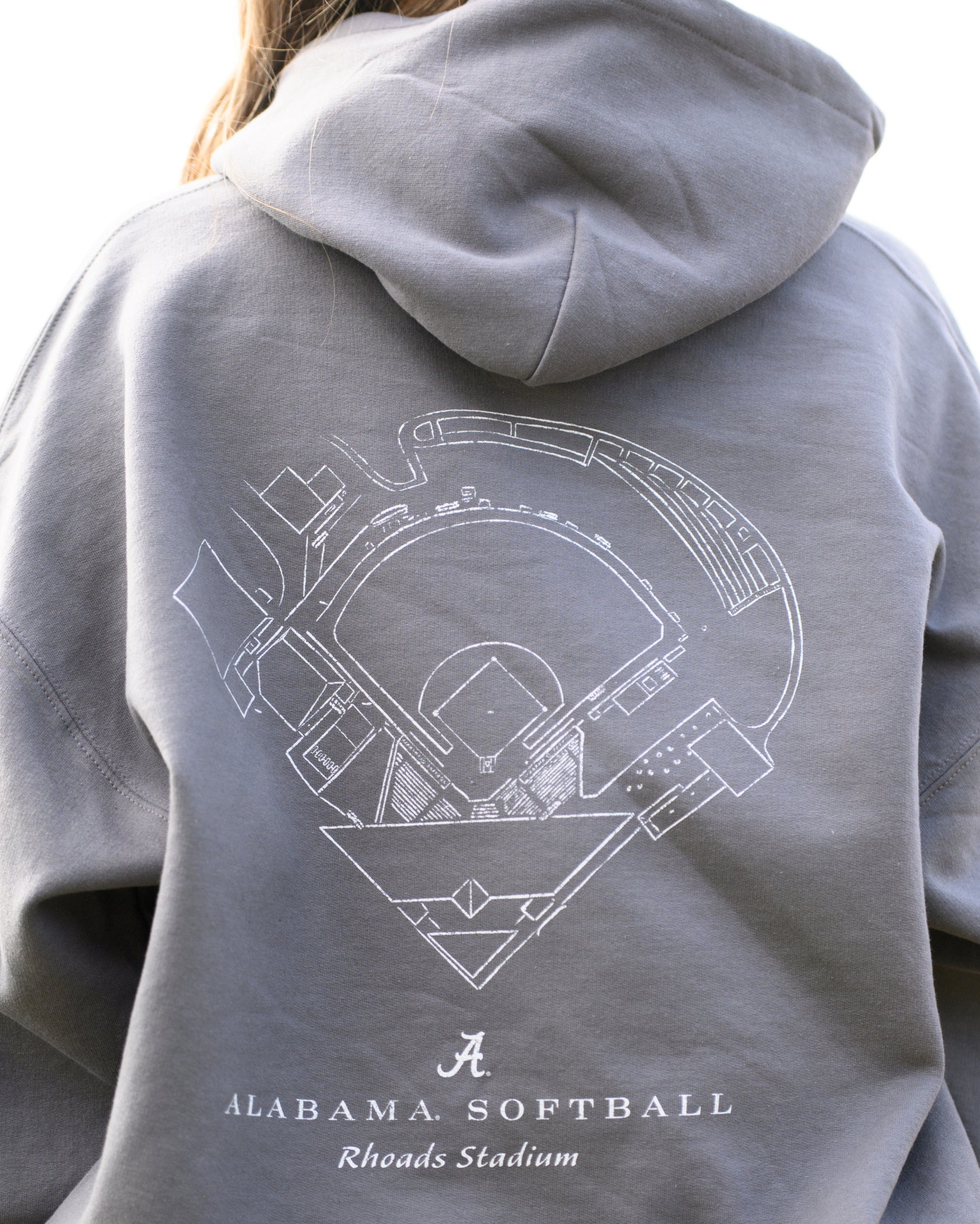 University of Alabama Dark Grey Distressed Hoodie with a White print of the Rhoads Stadium blueprint above text “Alabama Softball”
