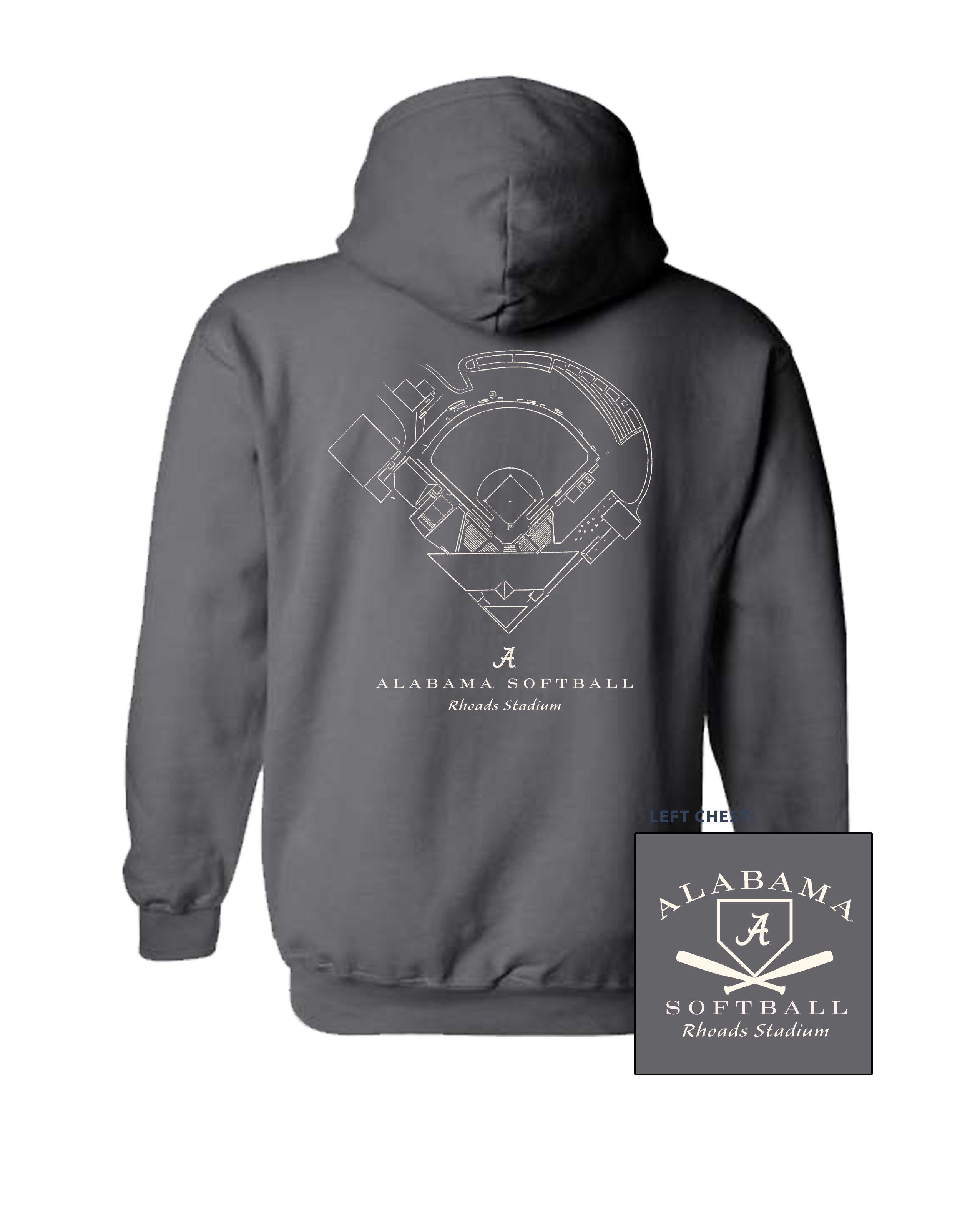 University of Alabama Dark Grey Distressed Hoodie with a White print of the Rhoads Stadium blueprint above text “Alabama Softball”