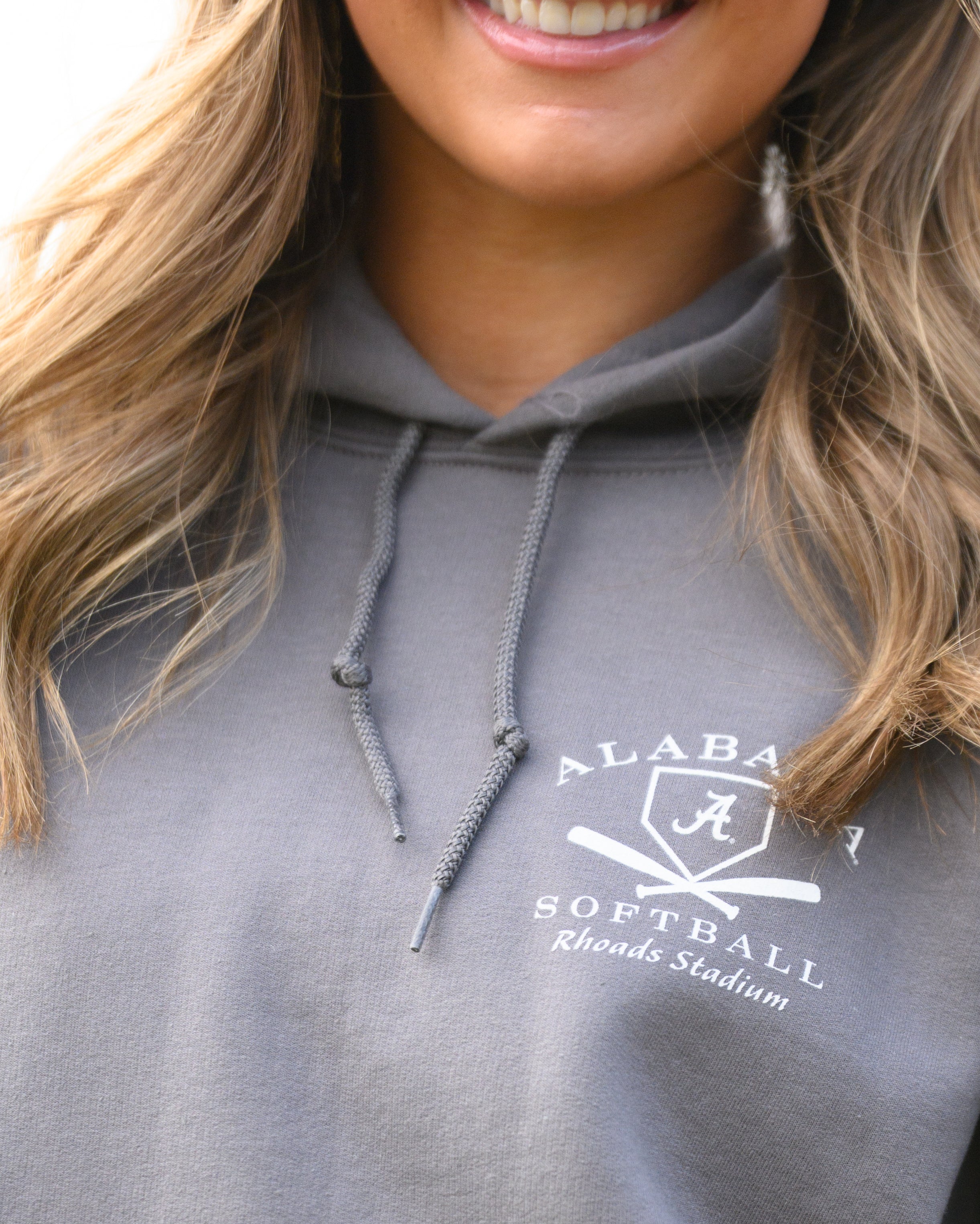 University of Alabama Light Grey Distressed Hoodie Chest Design with a white print of home plate over two crossed baseball bats