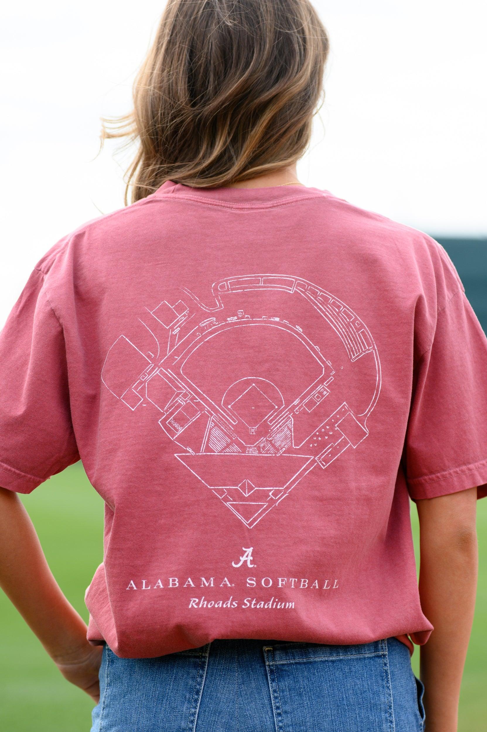 University of Alabama Red Distressed Tee with a White print of the Rhoads Stadium blueprint above text “Alabama Softball”