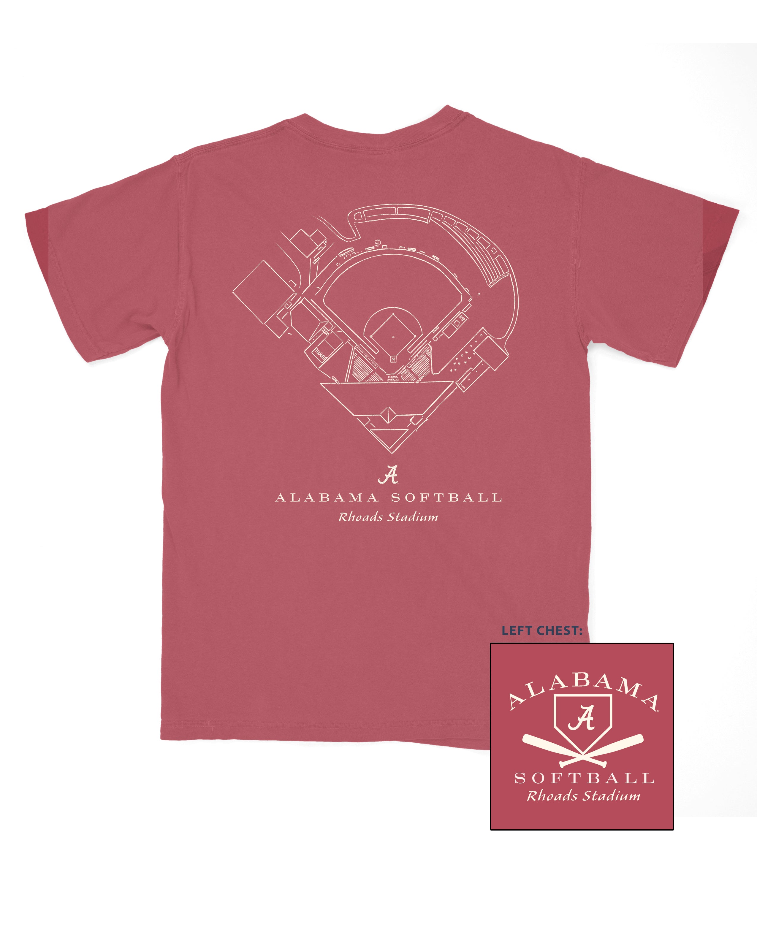 University of Alabama Red Distressed Tee with a White print of the Rhoads Stadium blueprint above text “Alabama Softball”