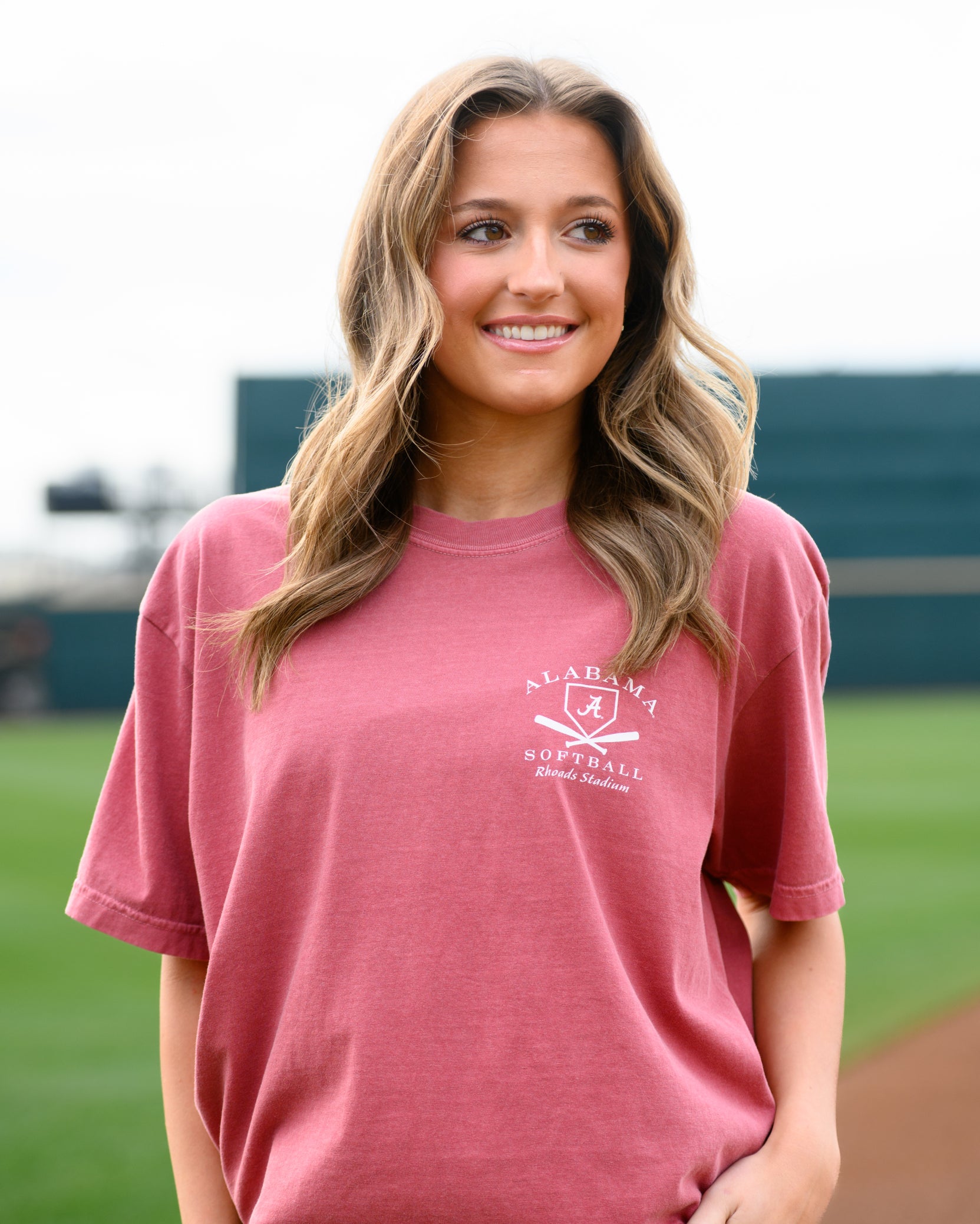 University of Alabama Red Distressed Tee Chest Design with a white print of home plate over two crossed baseball bats