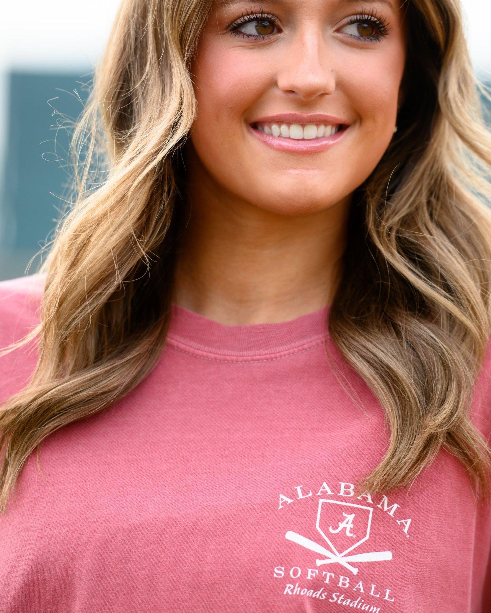 University of Alabama Red Distressed Tee Chest Design with a white print of home plate over two crossed baseball bats