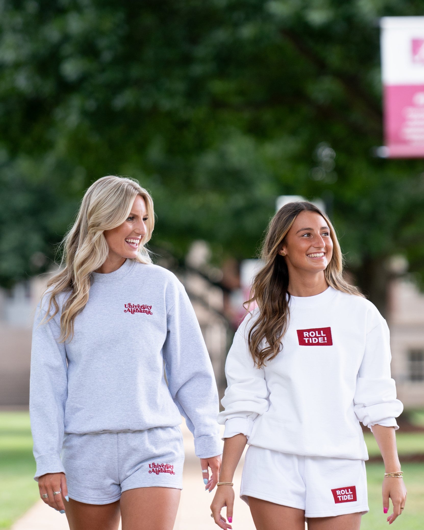 University of Alabama White Roll Tide Sweatshirt featuring a Red and White embroidered patch with text "Roll Tide!"