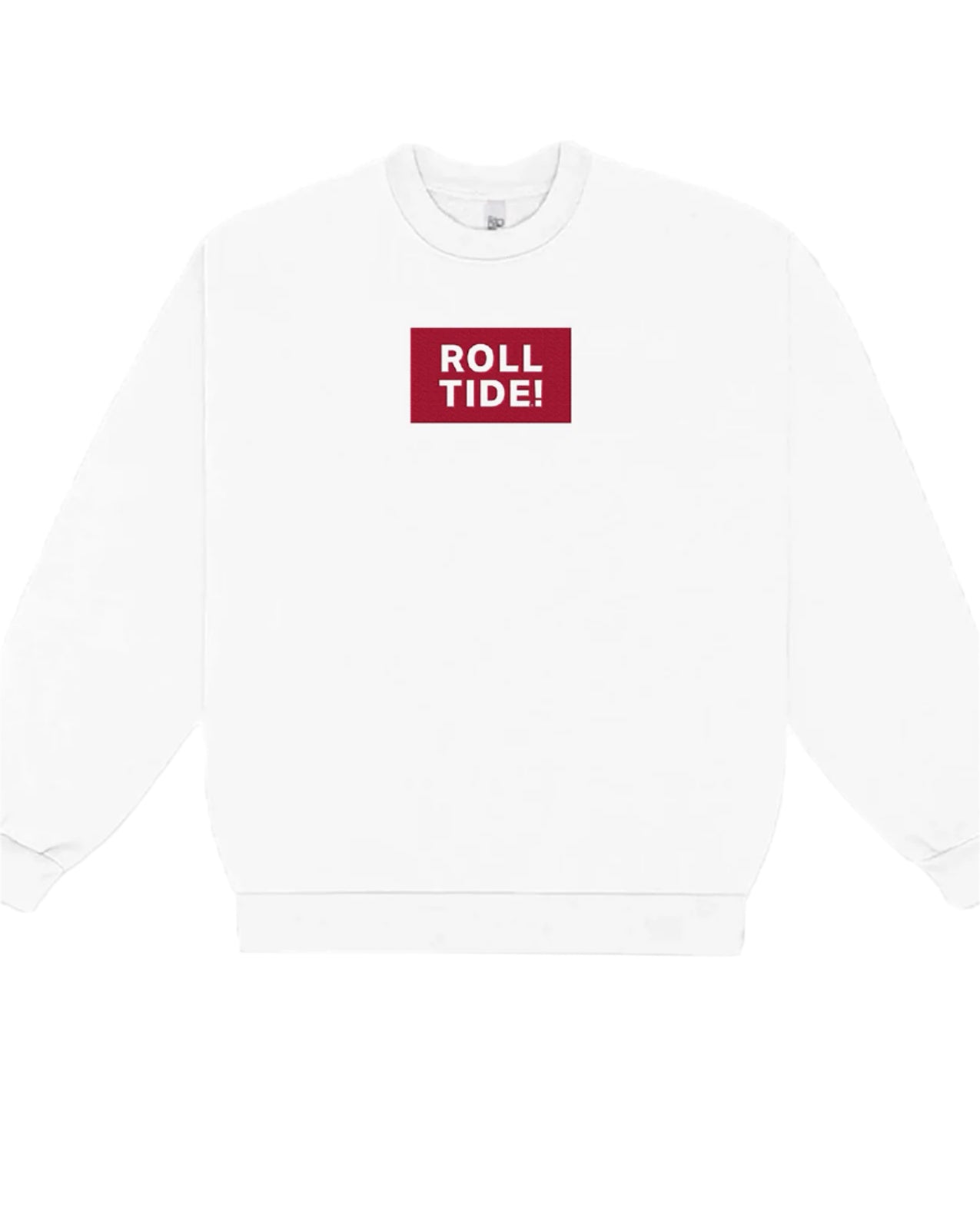 University of Alabama White Roll Tide Sweatshirt featuring a Red and White embroidered patch with text "Roll Tide!"