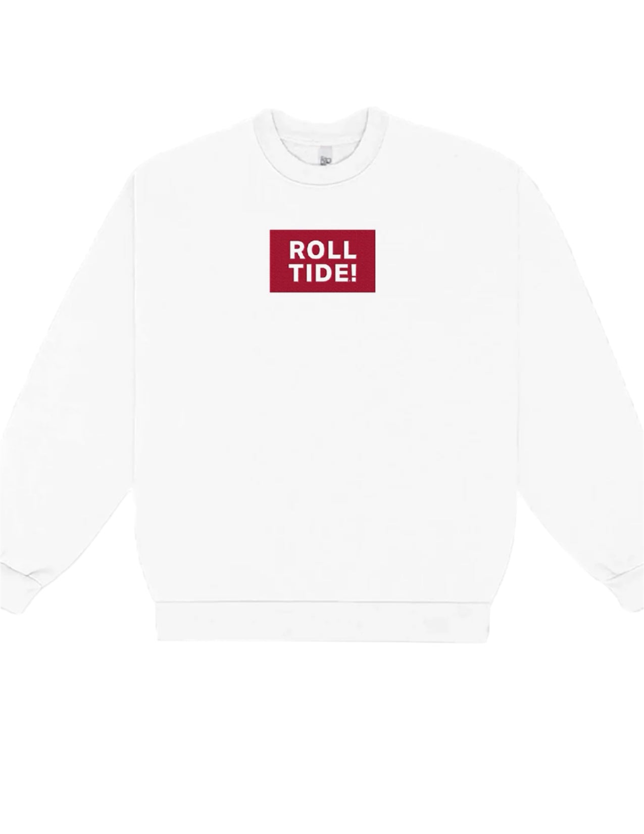University of Alabama White Roll Tide Sweatshirt featuring a Red and White embroidered patch with text "Roll Tide!"
