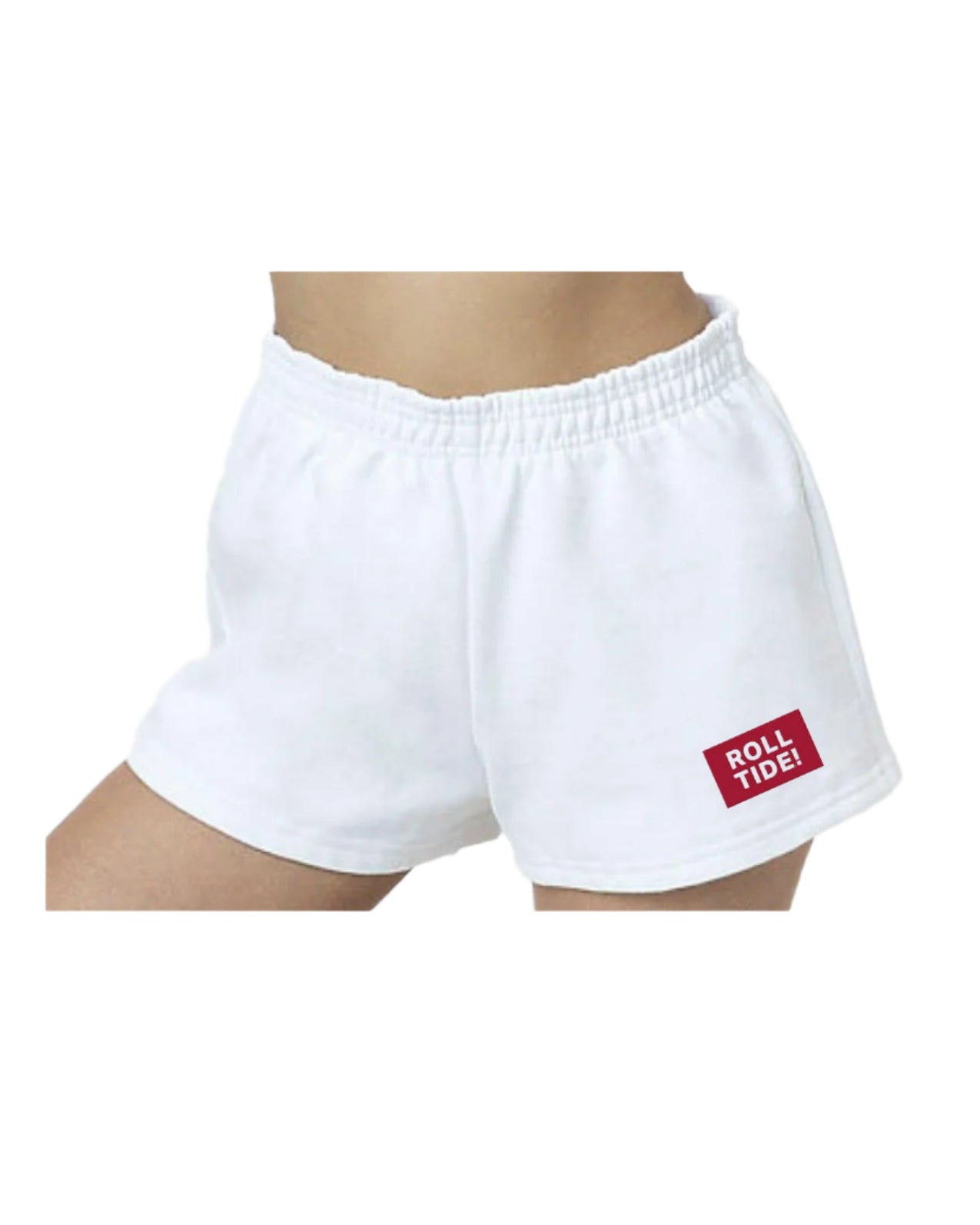 University of Alabama White Roll Tide Shorts featuring a Red and White embroidered patch with text "Roll Tide!"