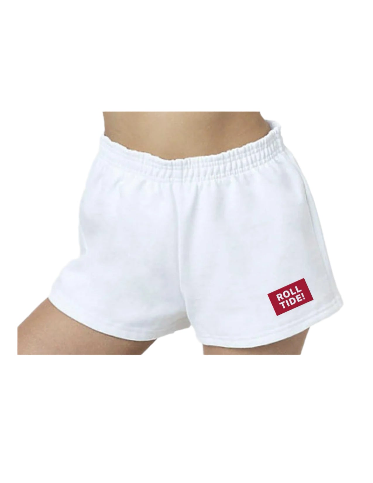 University of Alabama White Roll Tide Shorts featuring a Red and White embroidered patch with text "Roll Tide!"