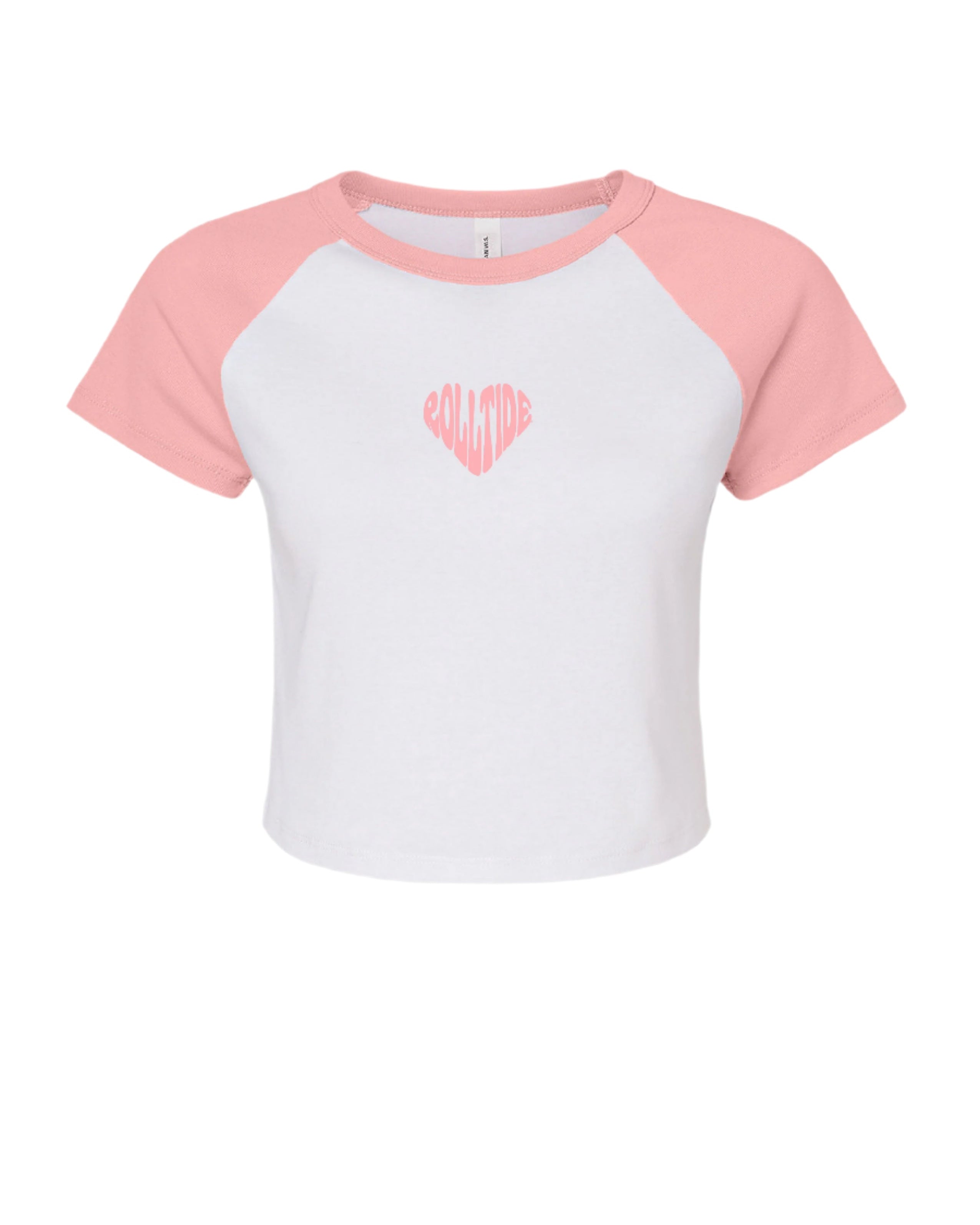 University of Alabama Pink and White Baby Tee with a Pink heart made of the text "Roll Tide"
