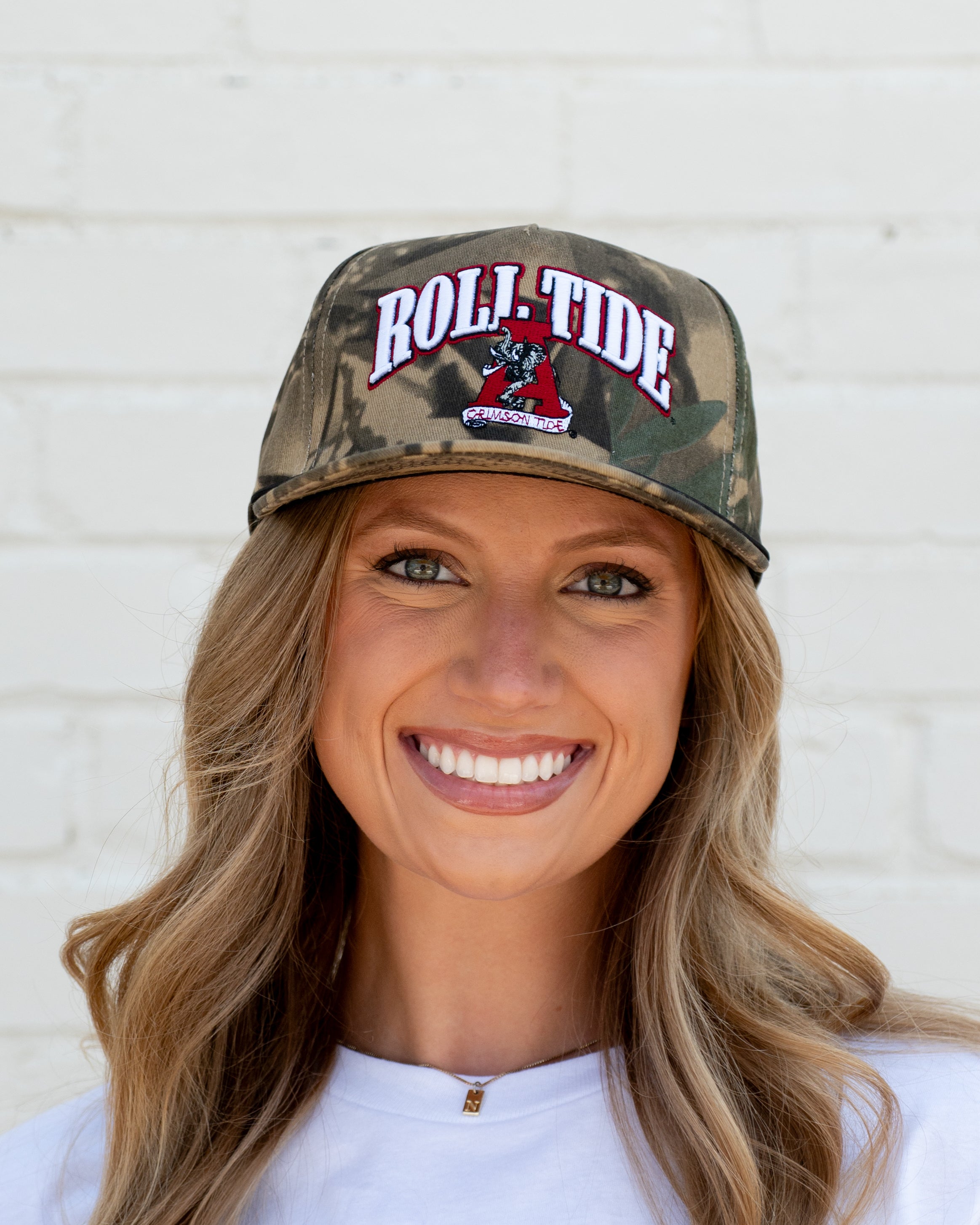 University of Alabama Camouflage Hat with Red text “Roll Tide”