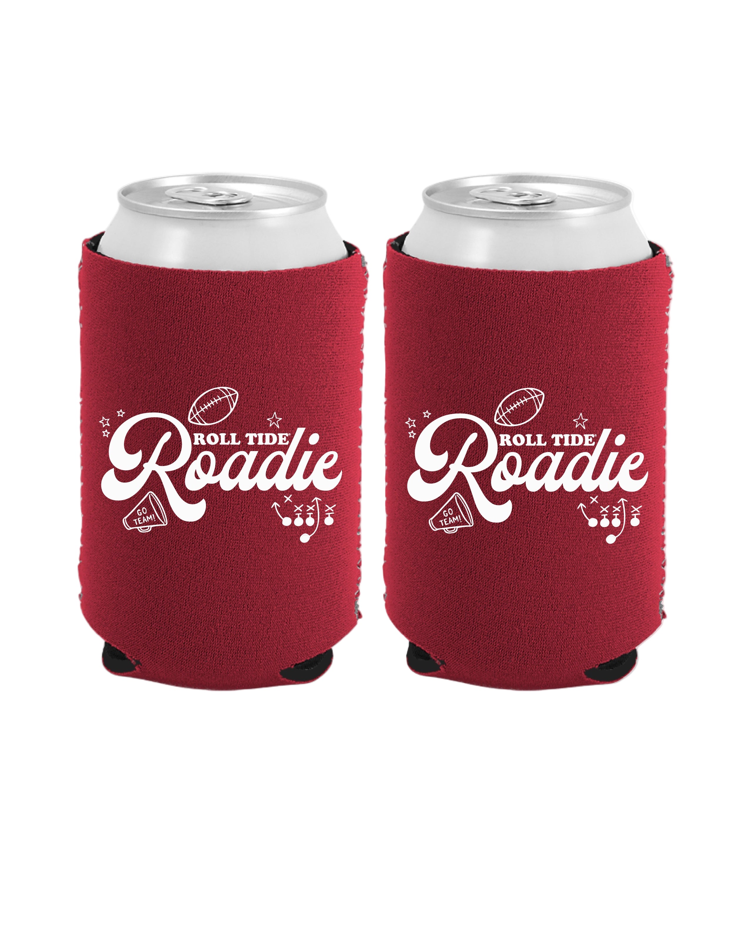 University of Alabama Red Koozie with White text “Roll Tide Roadie”