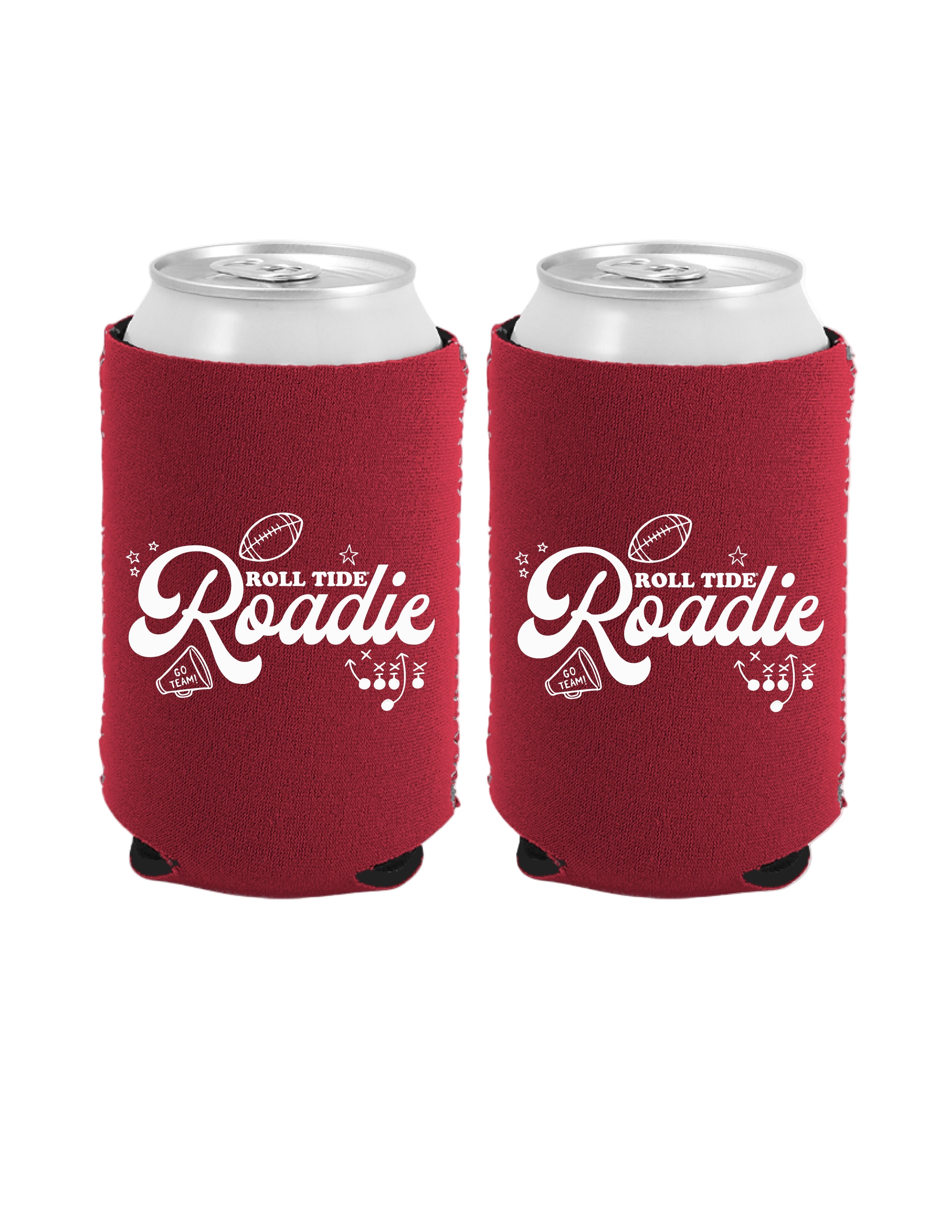 University of Alabama Red Koozie with White text “Roll Tide Roadie”