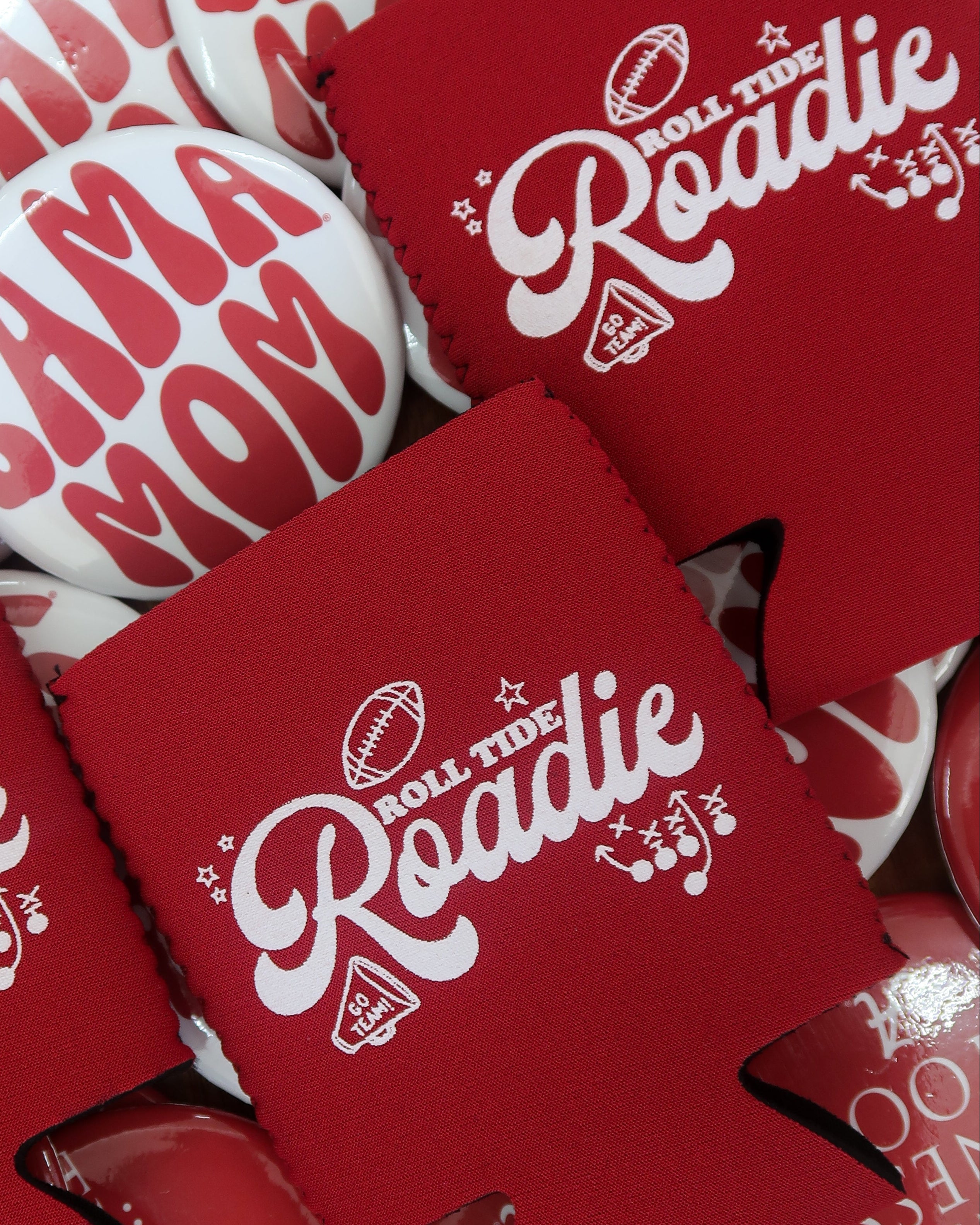 University of Alabama Red Koozie with White text “Roll Tide Roadie”
