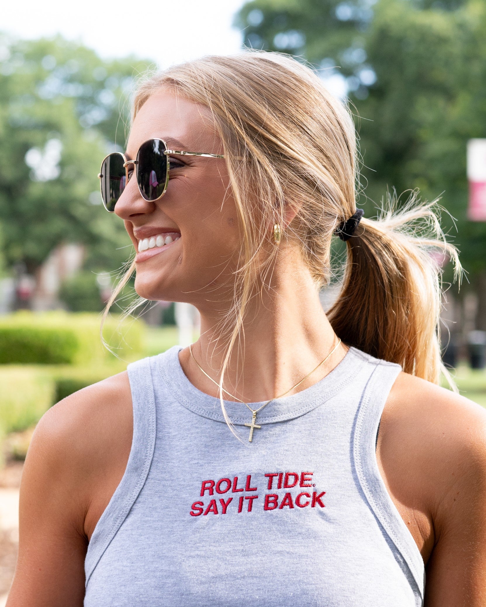 University of Alabama Grey Ladies' Tank Top with Red "Roll Tide Say It Back" embroidery