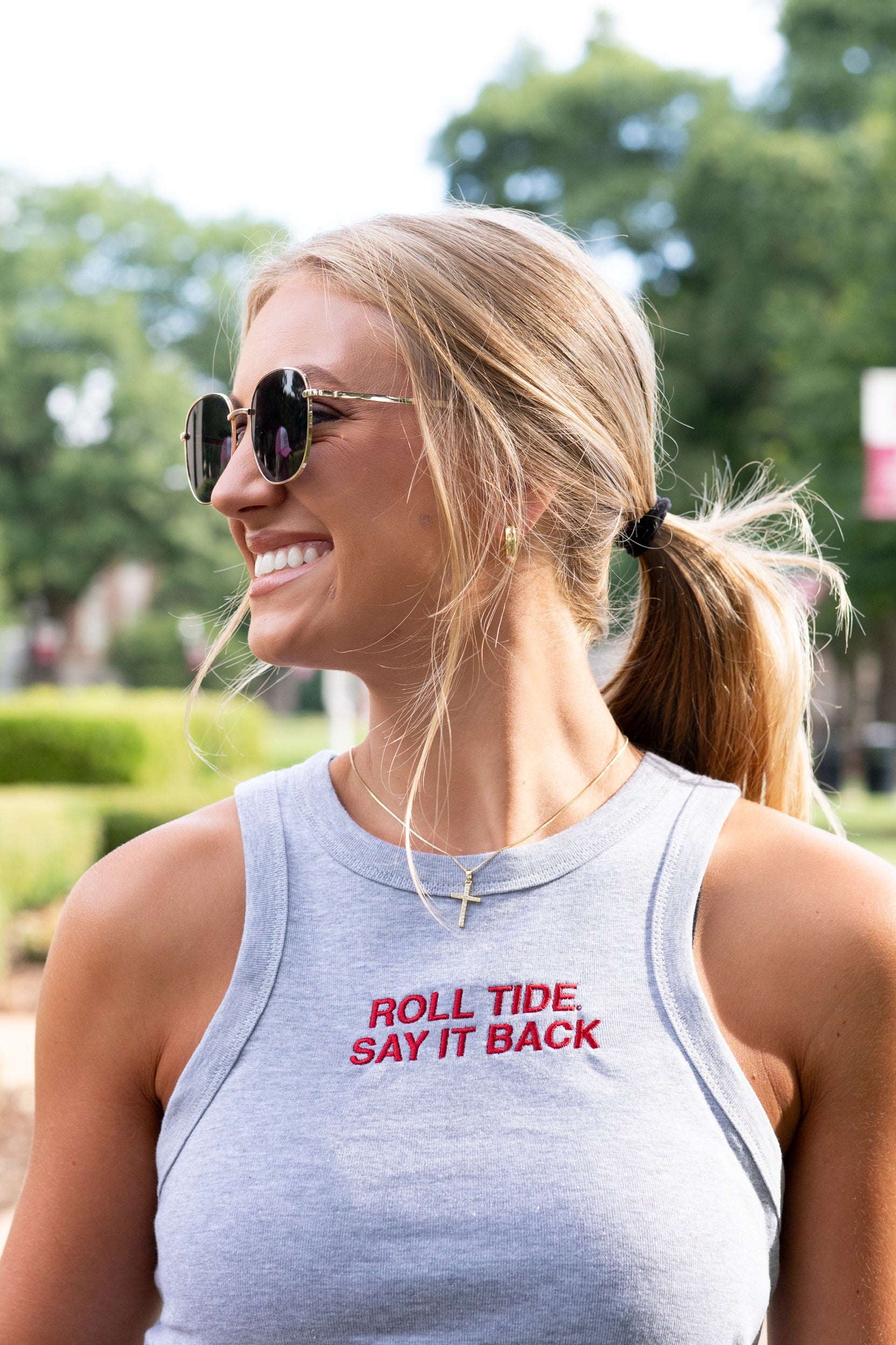 University of Alabama Grey Ladies' Tank Top with Red "Roll Tide Say It Back" embroidery
