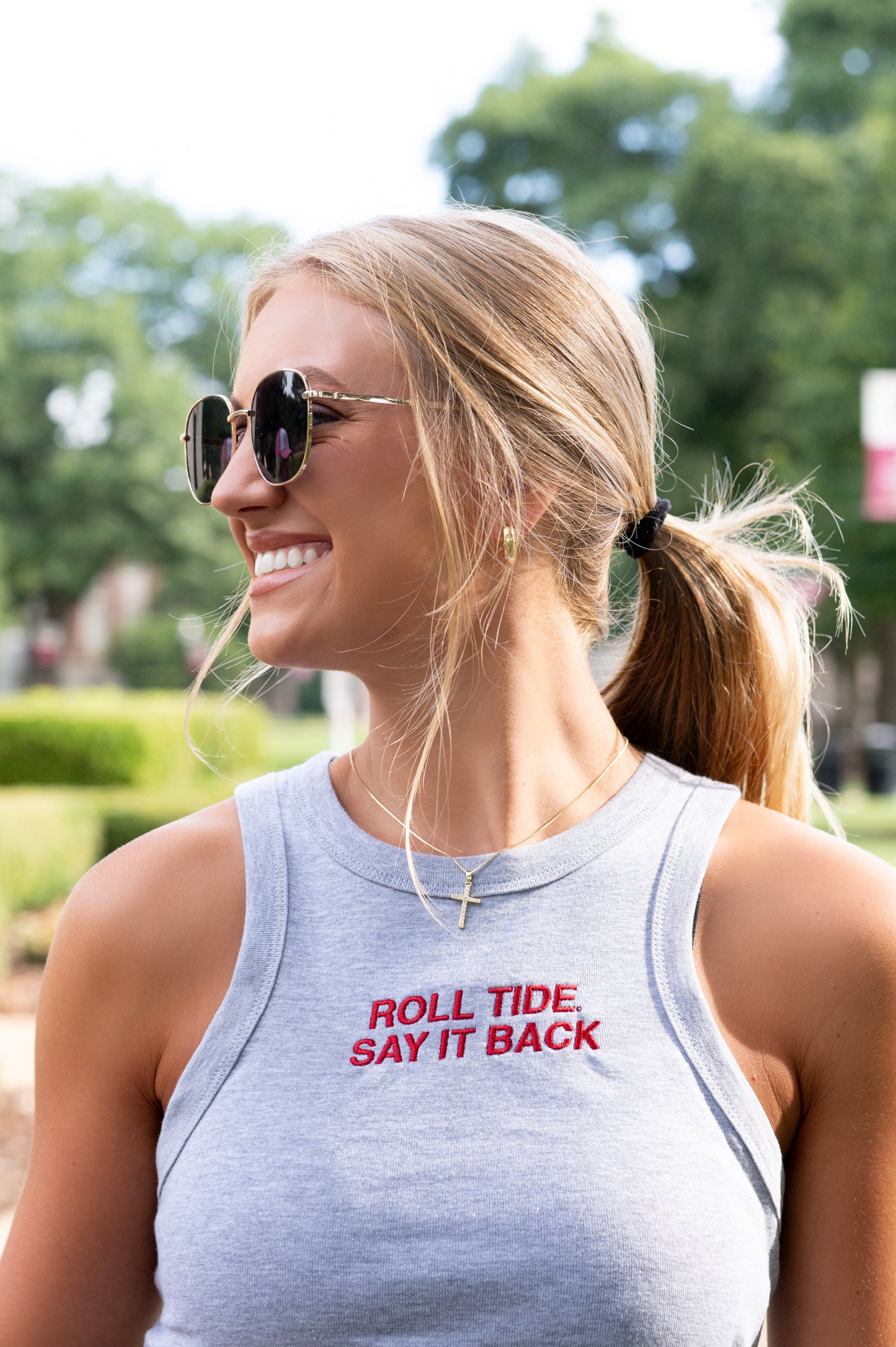 University of Alabama Grey Ladies' Tank Top with Red "Roll Tide Say It Back" embroidery