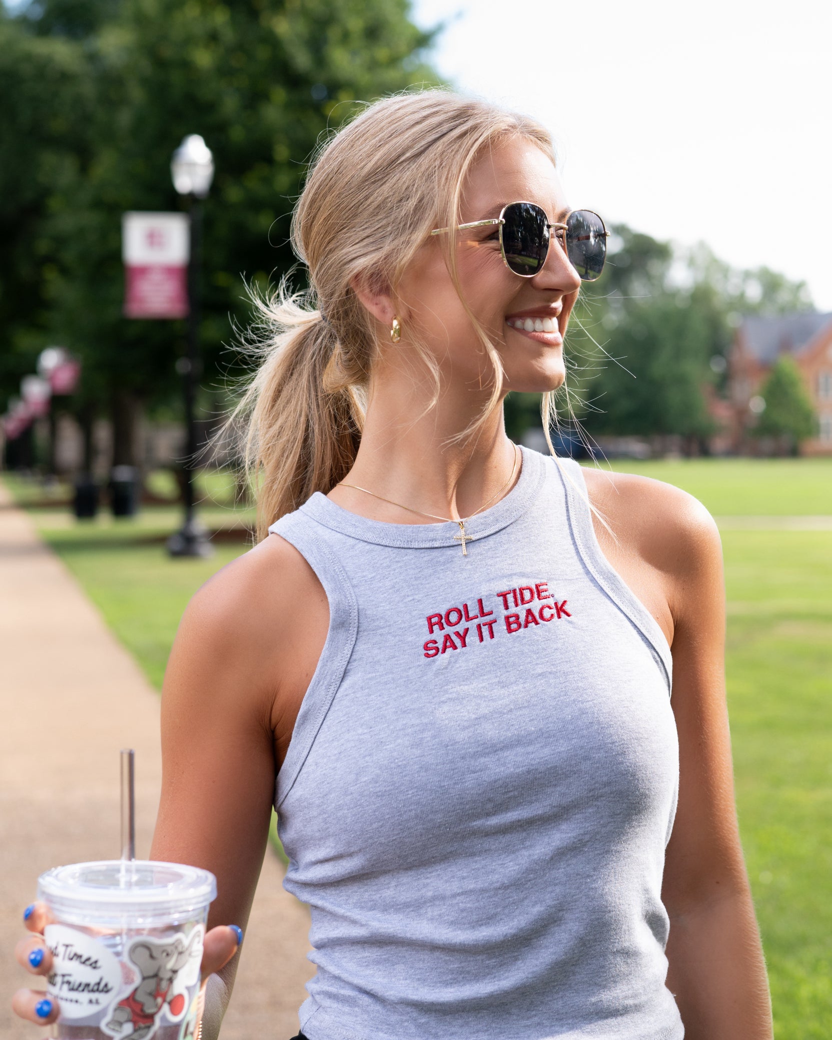 University of Alabama Grey Ladies' Tank Top with Red "Roll Tide Say It Back" embroidery