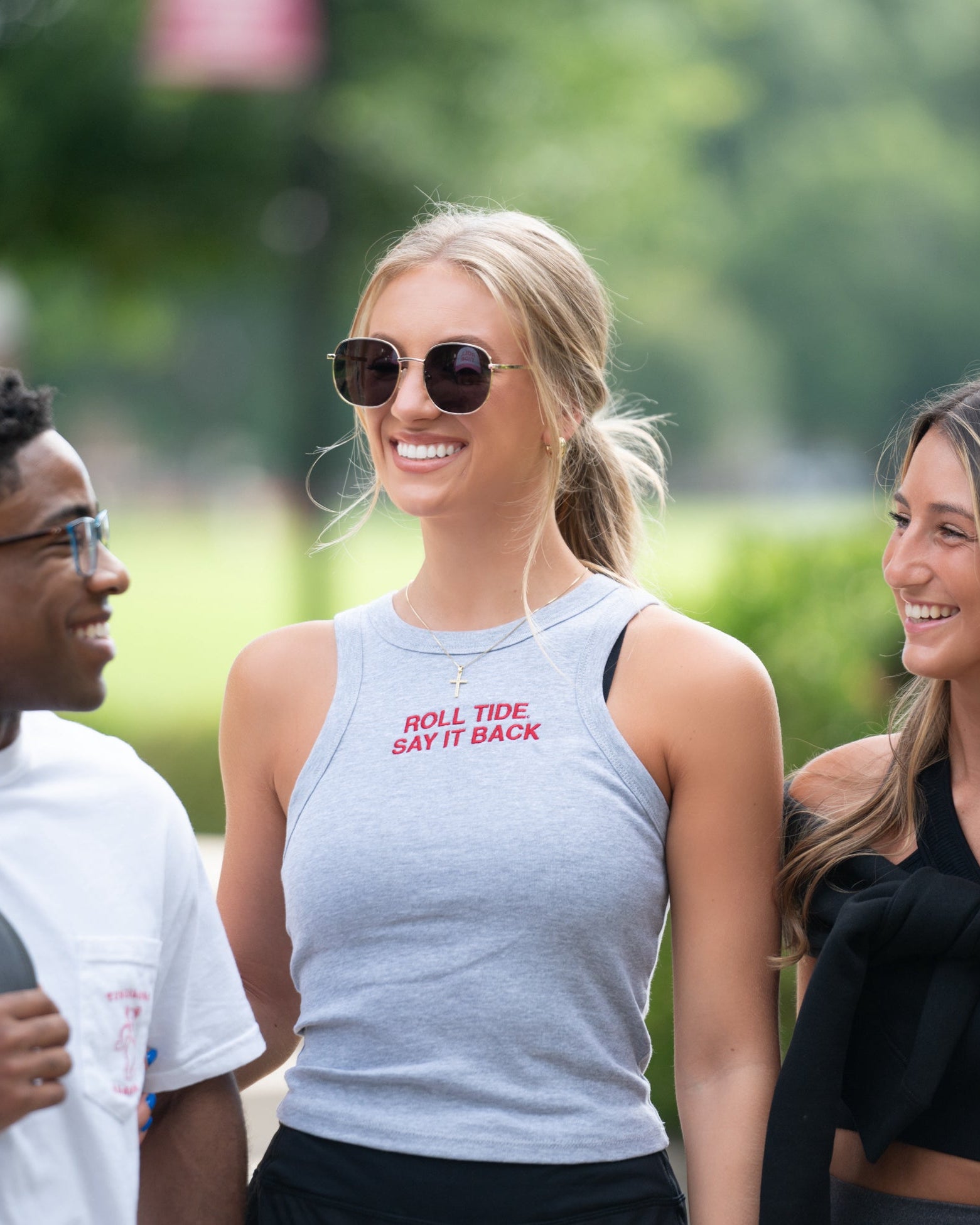 University of Alabama Grey Ladies' Tank Top with Red "Roll Tide Say It Back" embroidery