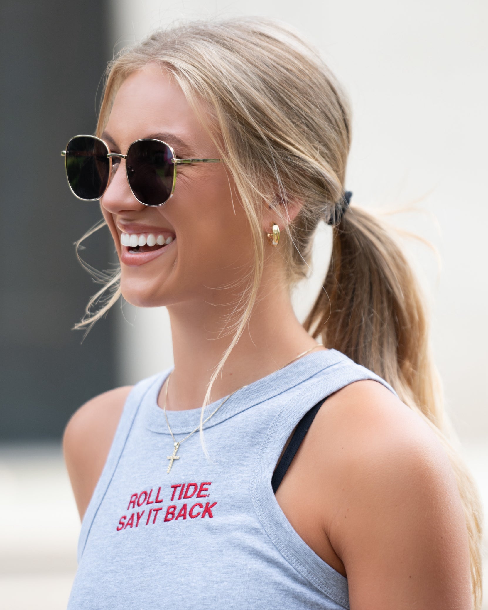 University of Alabama Grey Ladies' Tank Top with Red "Roll Tide Say It Back" embroidery
