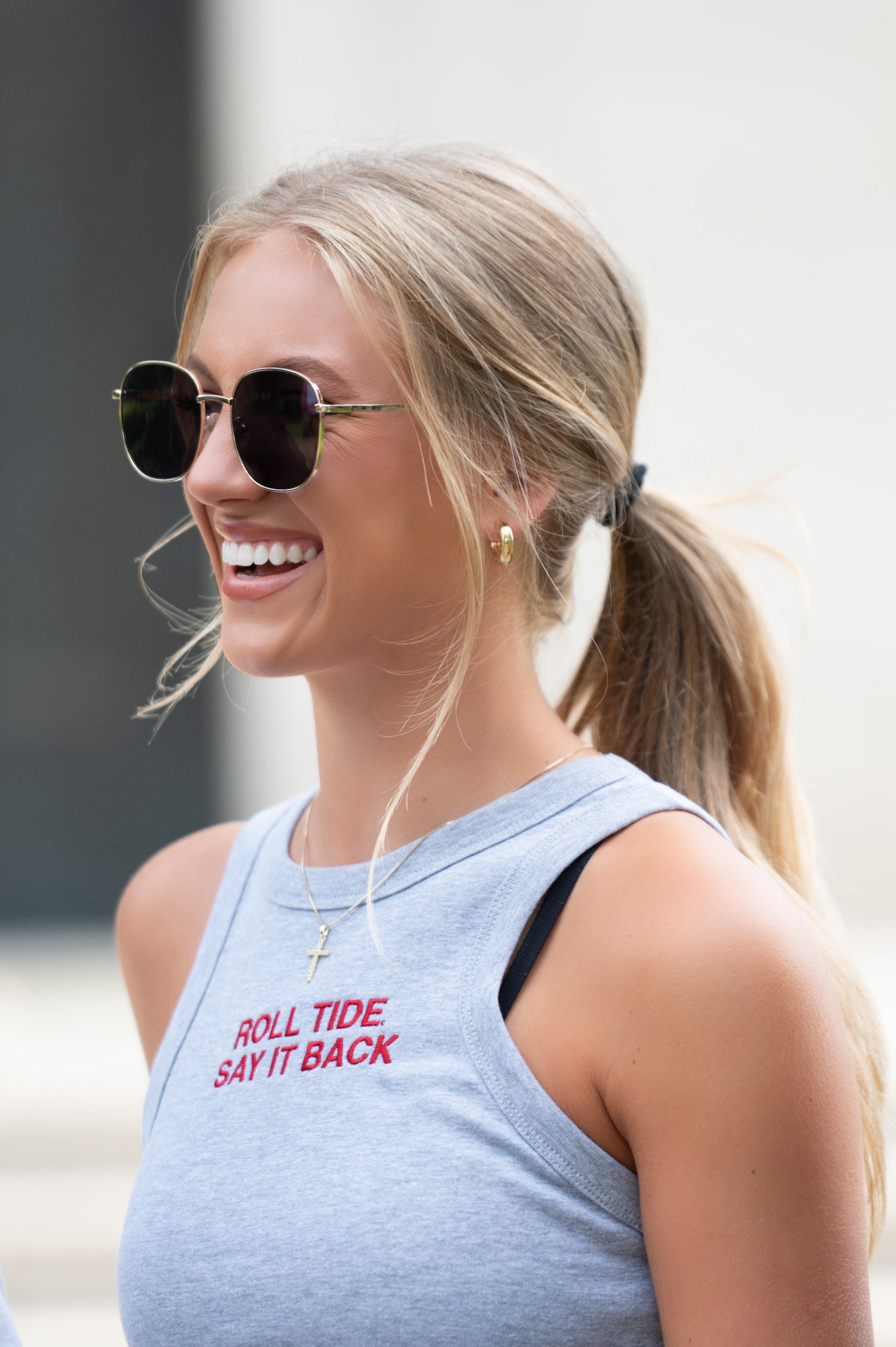 University of Alabama Grey Ladies' Tank Top with Red "Roll Tide Say It Back" embroidery