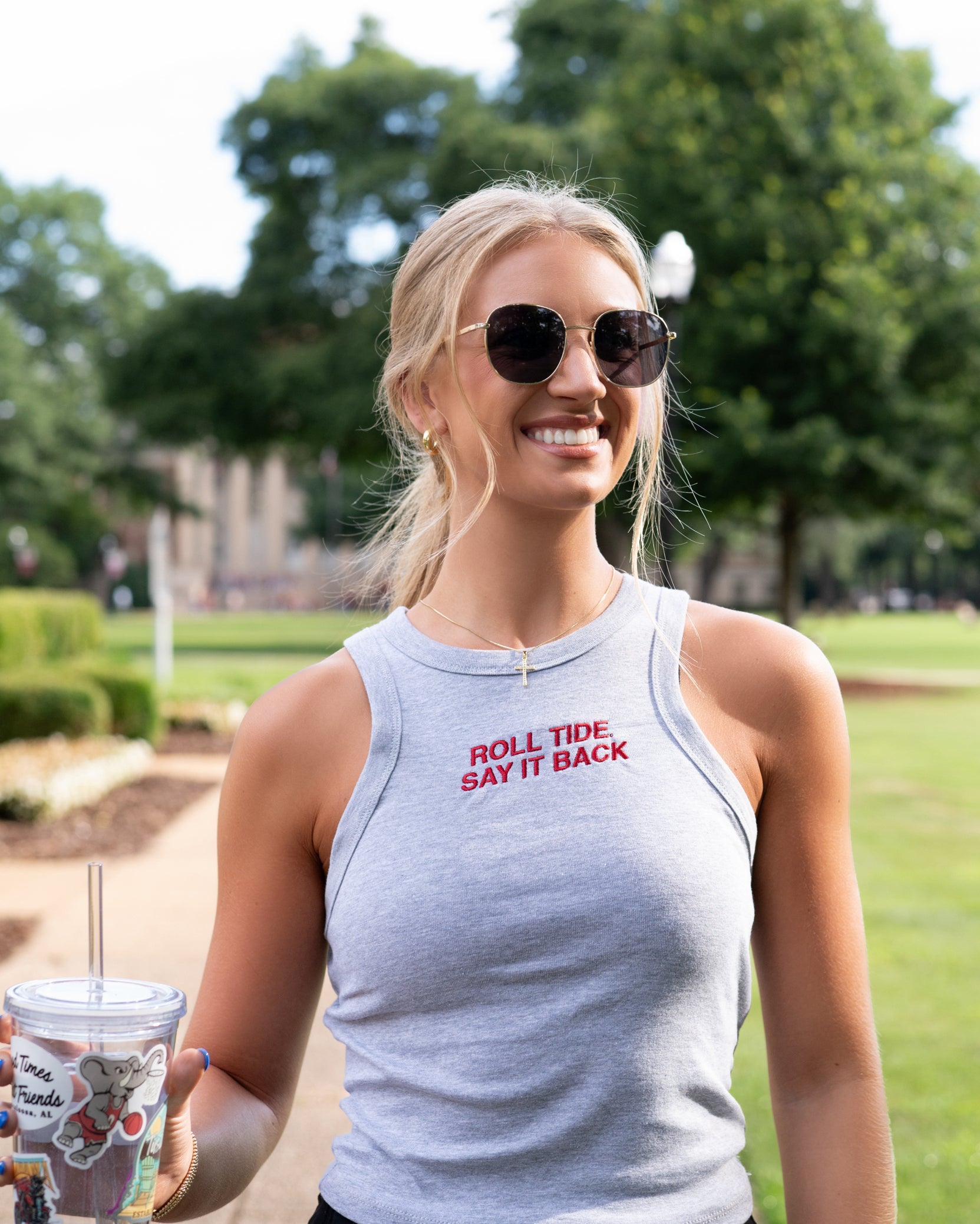 University of Alabama Grey Ladies' Tank Top with Red "Roll Tide Say It Back" embroidery