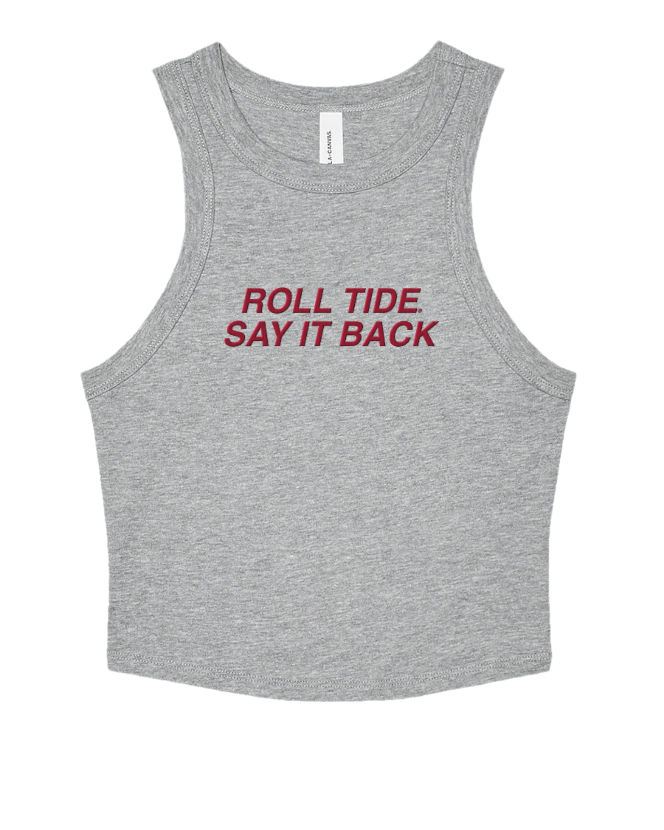 University of Alabama Grey Ladies' Tank Top with Red "Roll Tide Say It Back" embroidery