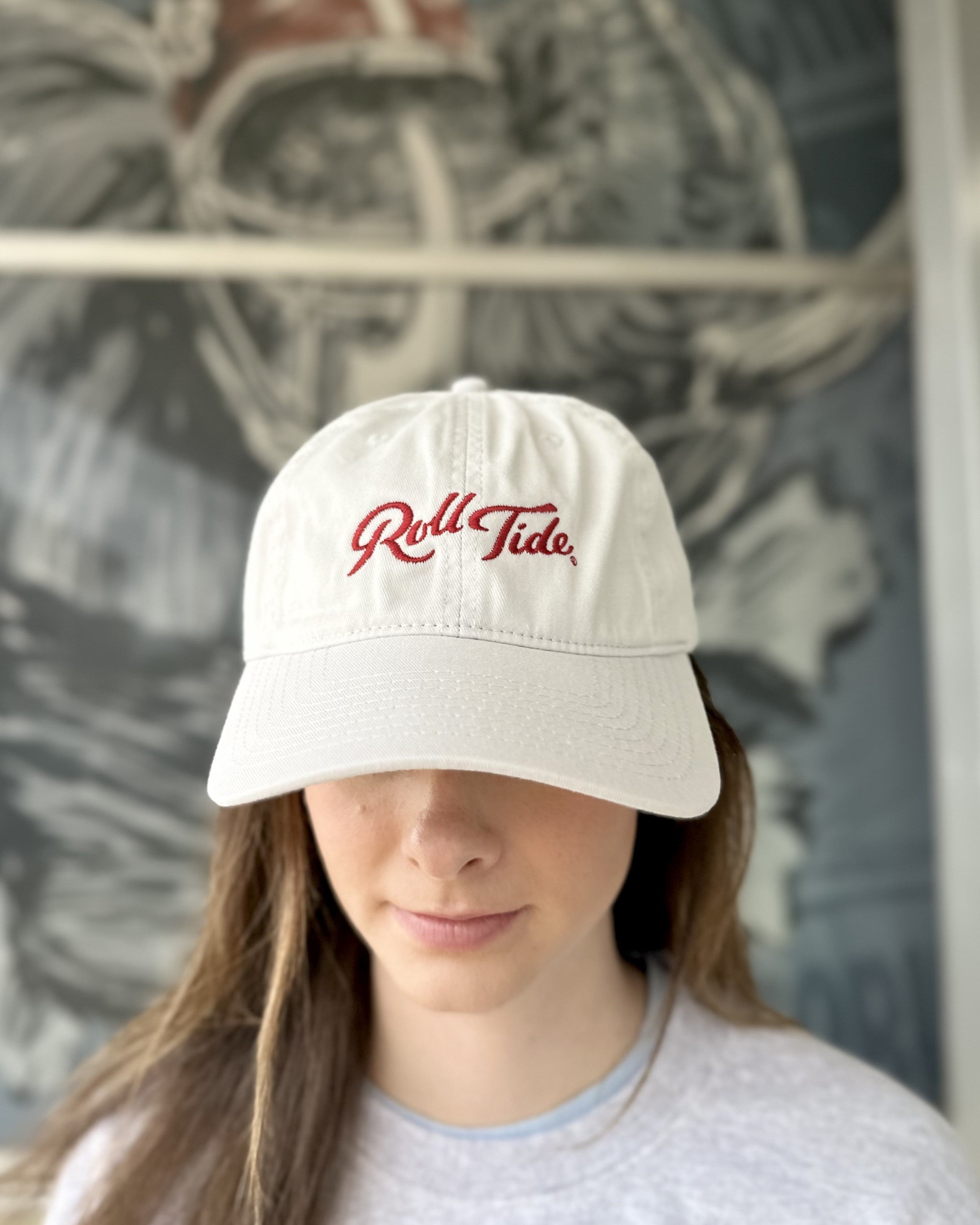 University of Alabama Light Grey Dad Hat with Red script "Roll Tide"