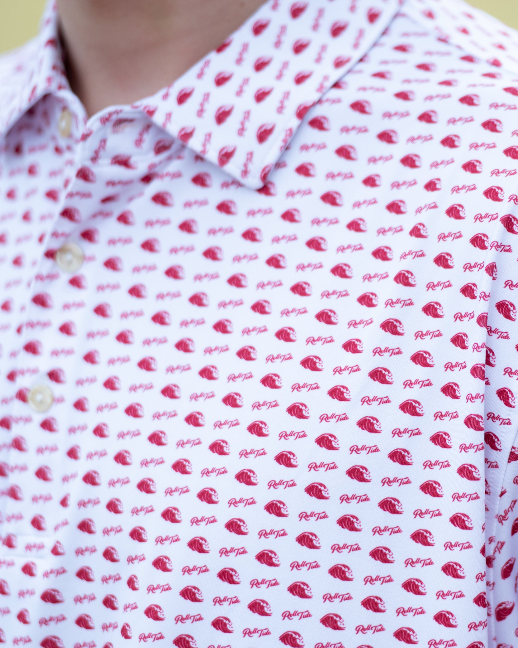 University of Alabama White Men's Polo with a Red pattern of Waves and "Roll Tide"