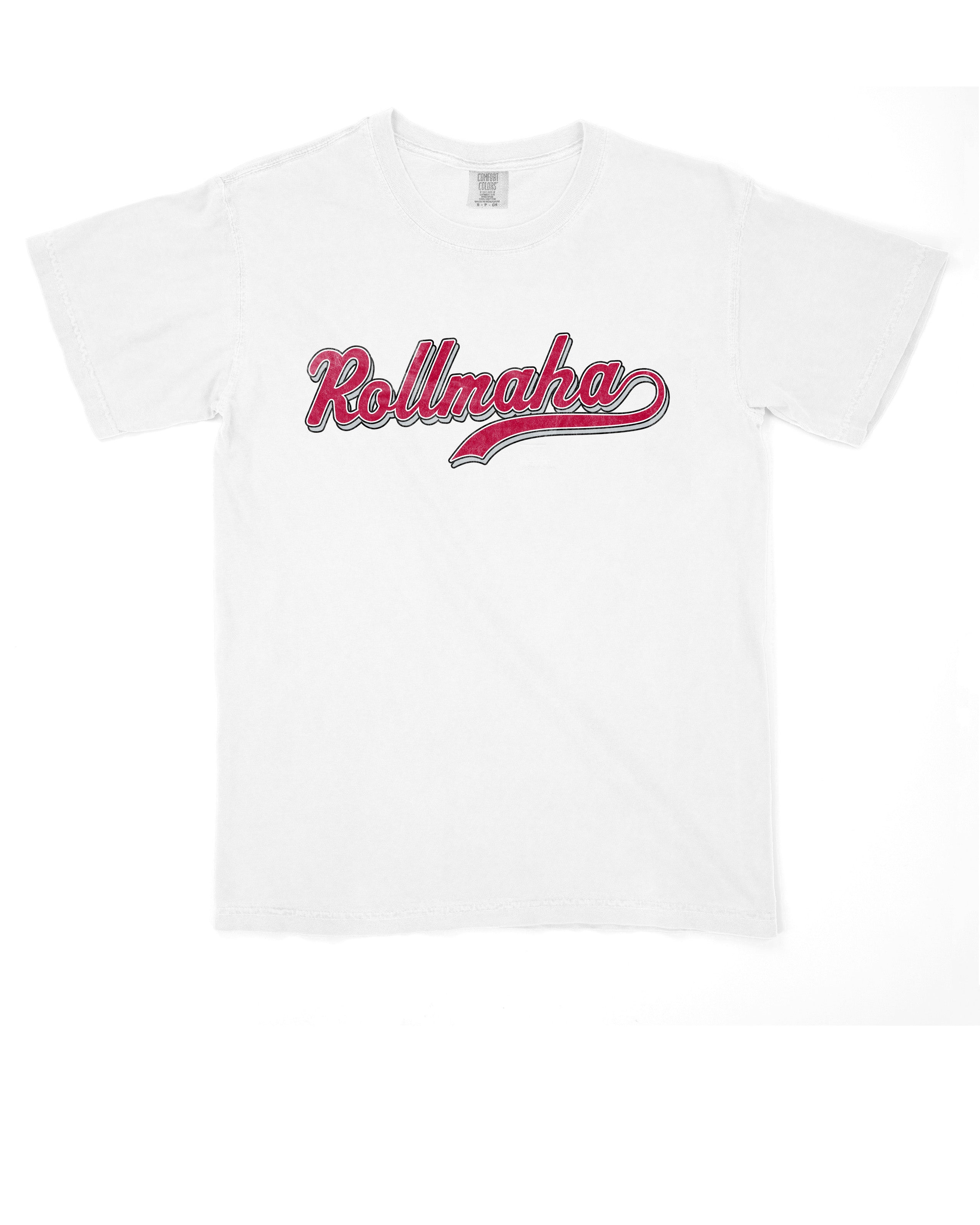 University of Alabama White T-Shirt with Red Script “Rollmaha” across the chest