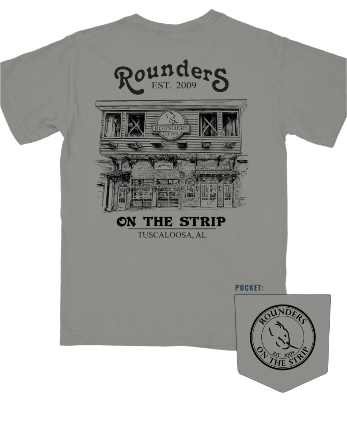 Rounders Grey Tee with a Black illustration of the Rounders Building
