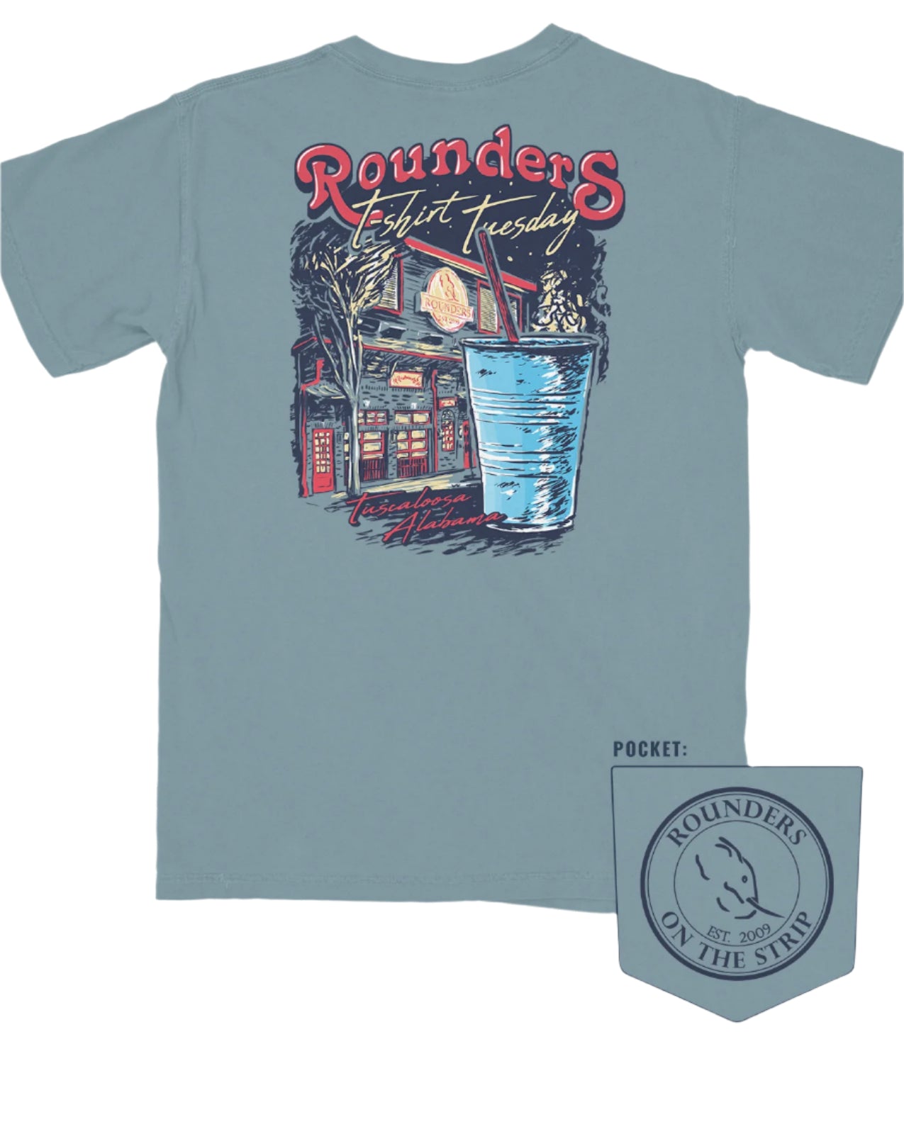 Rounders Blue T-Shirt with text "Rounders T-shirt Tuesday" above the Rounders Building and a Blue drink