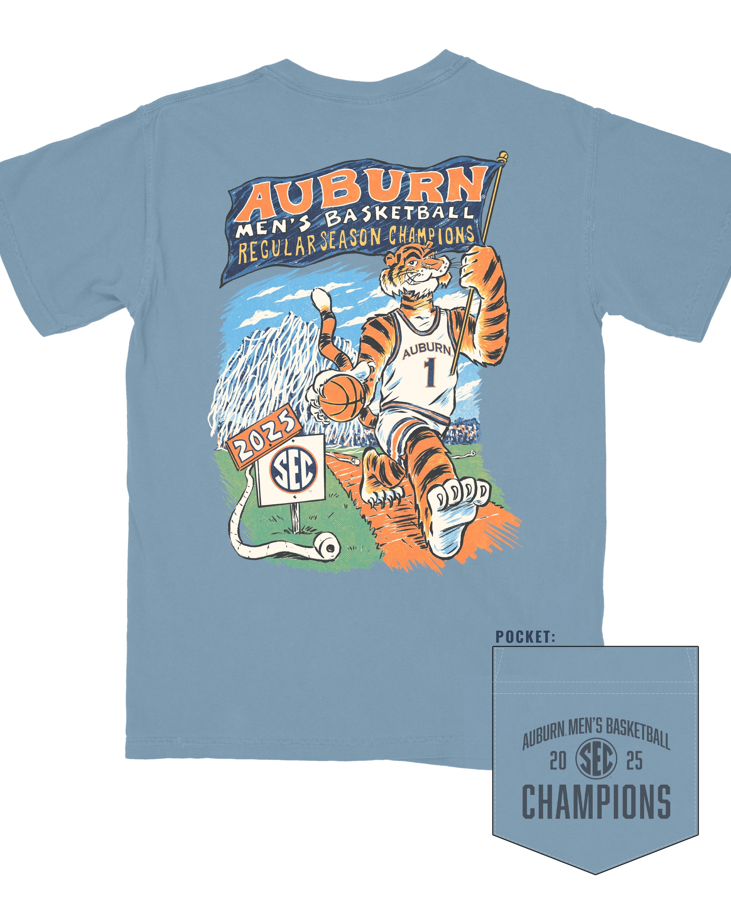 Auburn University Ice Blue SEC Regulars T-Shirt with Aubie in basketball gear carrying a flag with text "Auburn Men's Basketball Regular Season Champions"