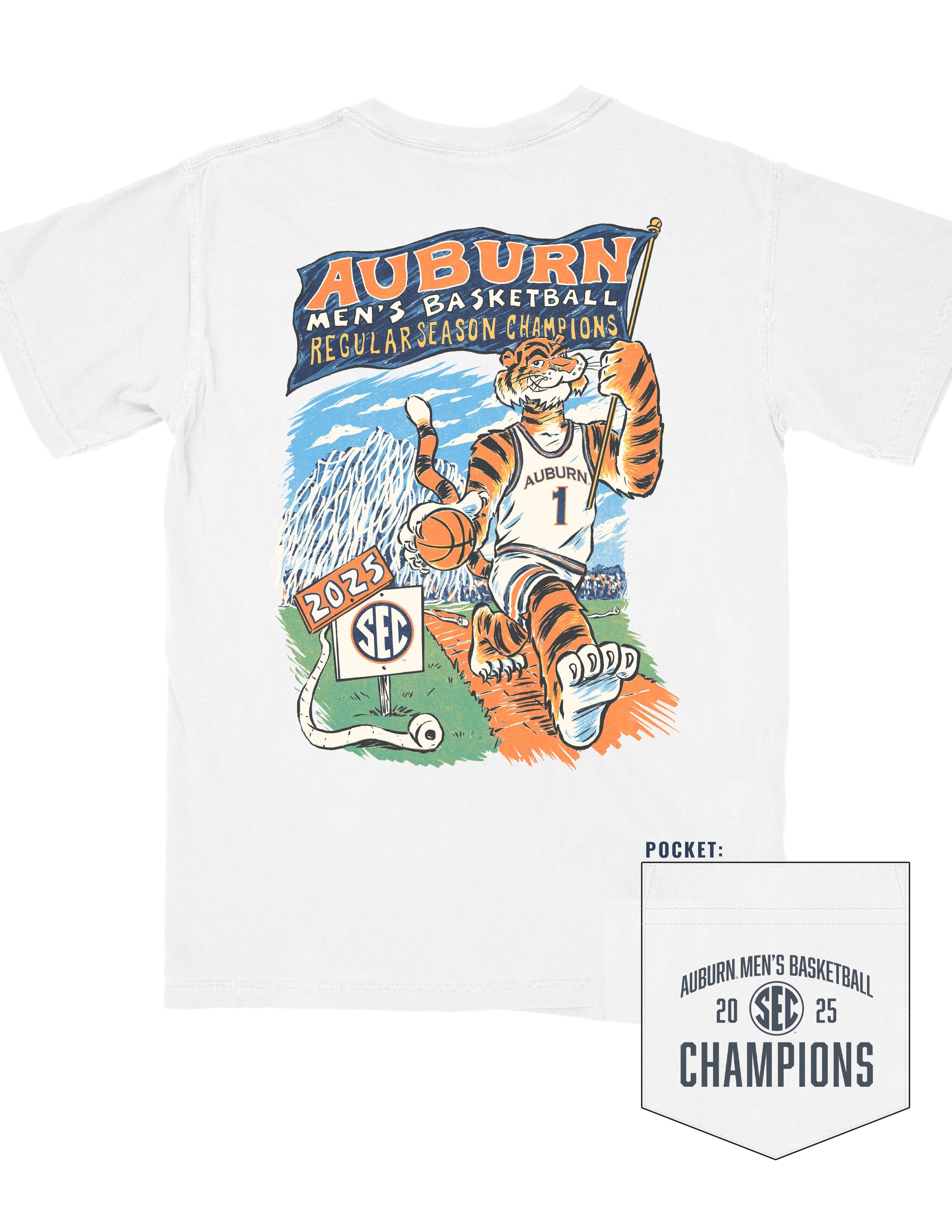Auburn University White SEC Regulars T-Shirt with Aubie in basketball gear carrying a flag with text "Auburn Men's Basketball Regular Season Champions"