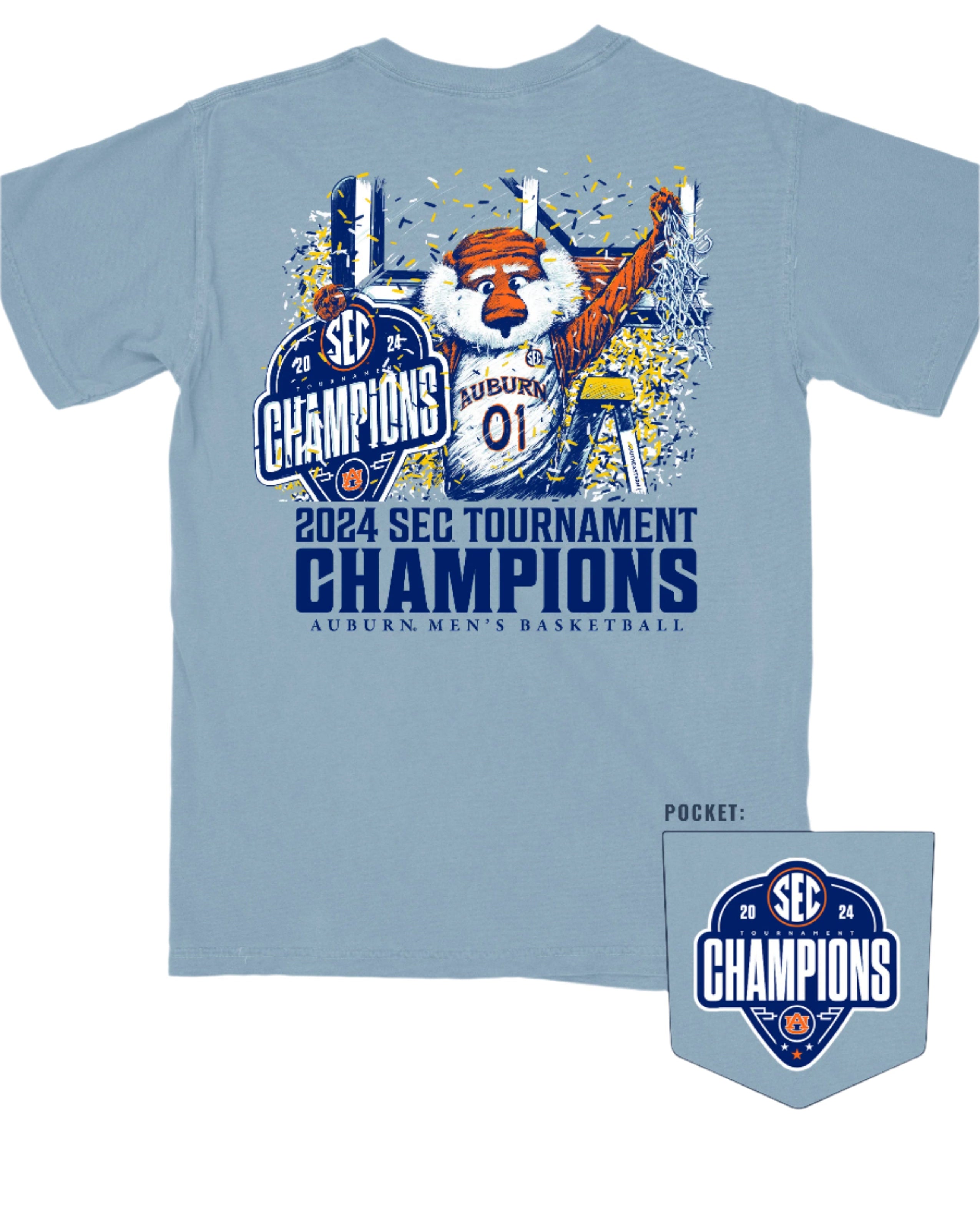 Auburn University Ice Blue SEC Champions T-Shirt with an illustration of Aubie holding an "SEC Champions" sign while confetti pours down around him