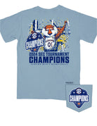 Auburn University Ice Blue SEC Champions T-Shirt with an illustration of Aubie holding an "SEC Champions" sign while confetti pours down around him