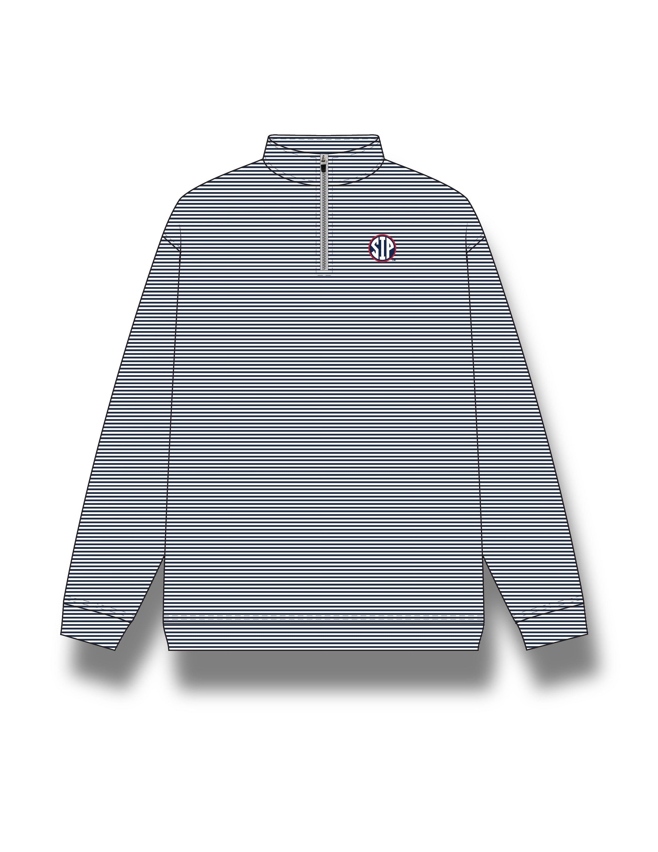 Striped long-sleeve shirt with a logo on a white background