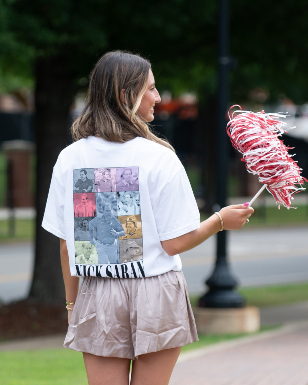 University of Alabama White Eras Tee with an Eras Tour inspired design featuring Nick Saban